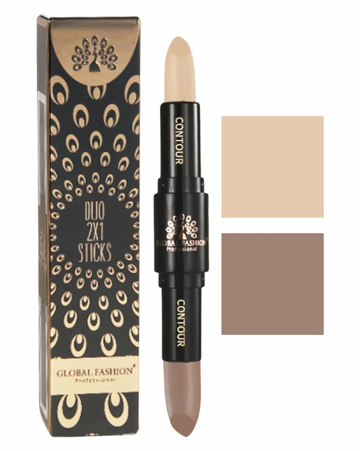 Global Fashion Duo 2‑in‑1 Contour & Highlight Stick - 4 Shades, Dual‑Ended Cream to Powder Sculpting Pen, Waterproof Long-Lasting Formula for Face, Nose & Cheekbones (GC03 - Warm B)