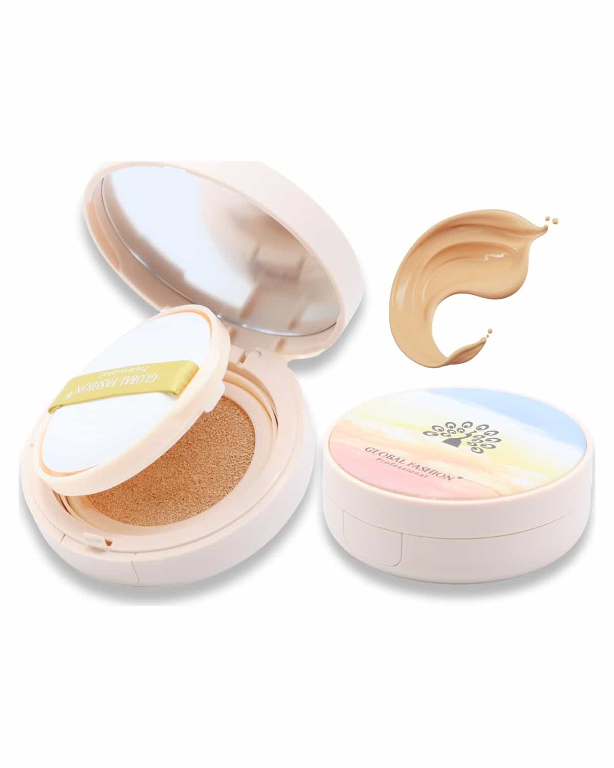 Global Fashion Air Cushion BB Cream + 2 Refills Set - 8 Shades, Long-Lasting Waterproof Foundation with Oil Control, Pore-Minimizing Coverage & Lightweight Breathable Formula (GS03)
