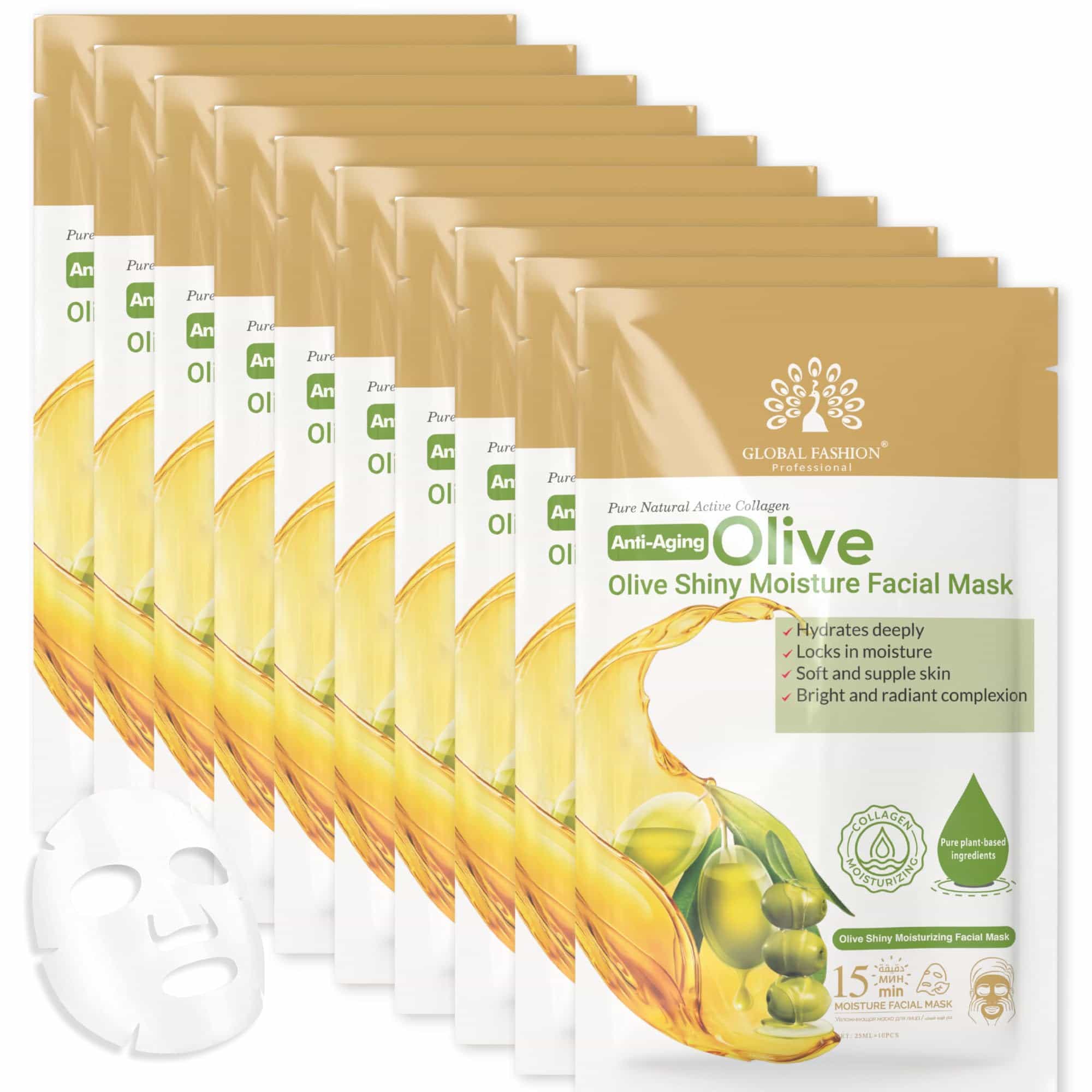 Global Fashion Facial Sheet Mask - 5 Natural Flavours, Hydrating, Anti-Aging, Brightening & Firming - 15 Minute Spa Treatment with Collagen & Hyaluronic Acid (Pack of 10, Olive)