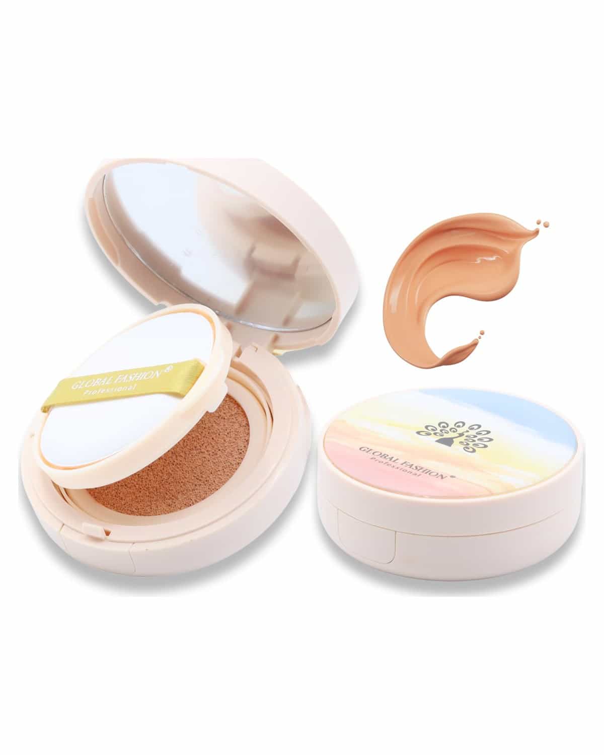 Global Fashion Air Cushion BB Cream + 2 Refills Set - 8 Shades, Long-Lasting Waterproof Foundation with Oil Control, Pore-Minimizing Coverage & Lightweight Breathable Formula (GS04)