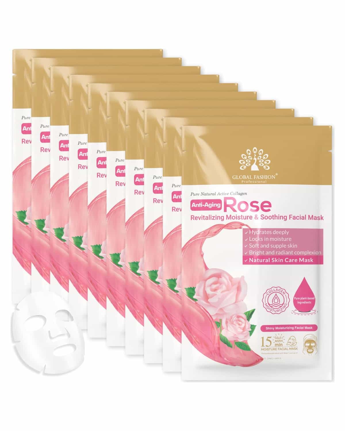 Global Fashion Facial Sheet Mask - 5 Natural Flavours, Hydrating, Anti-Aging, Brightening & Firming - 15 Minute Spa Treatment with Collagen & Hyaluronic Acid (Pack of 10, Rose)