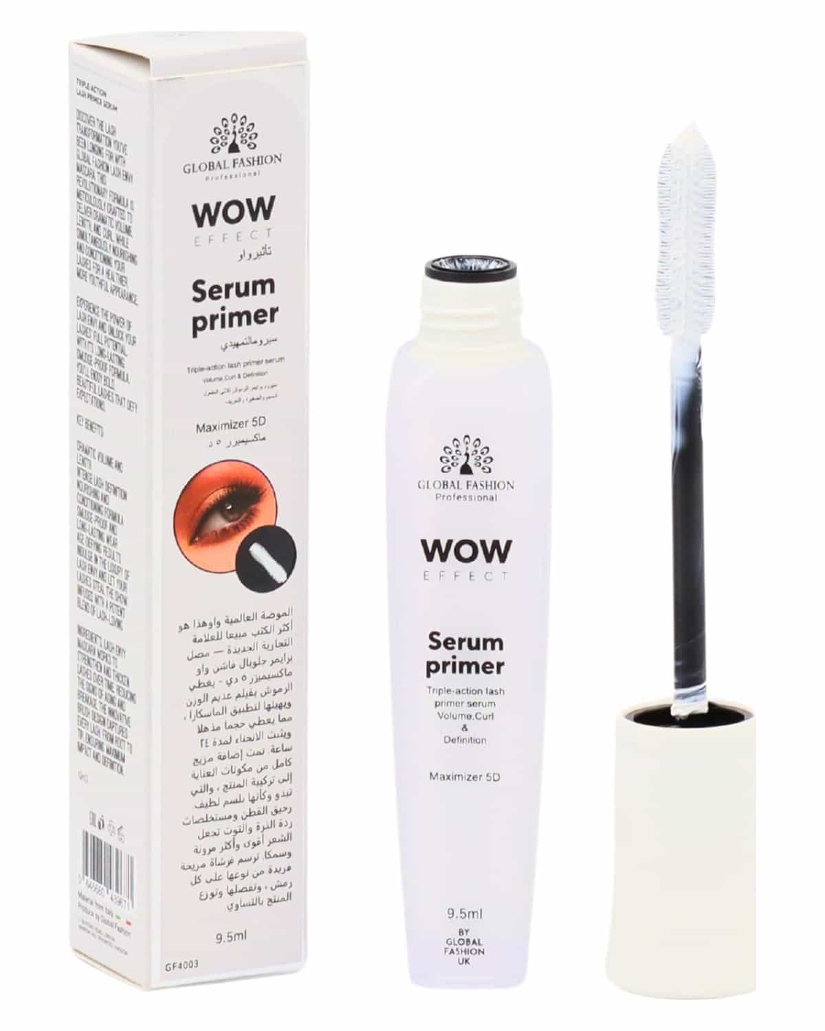 Global Fashion WOW Effect Triple-Action Lash Serum Primer – 3-in-1 Volumizing, Curl & Definition Pre-Mascara Base, Infused with Vitamin E, Panthenol & Peptides, Maximizer 5D, 9.5 m