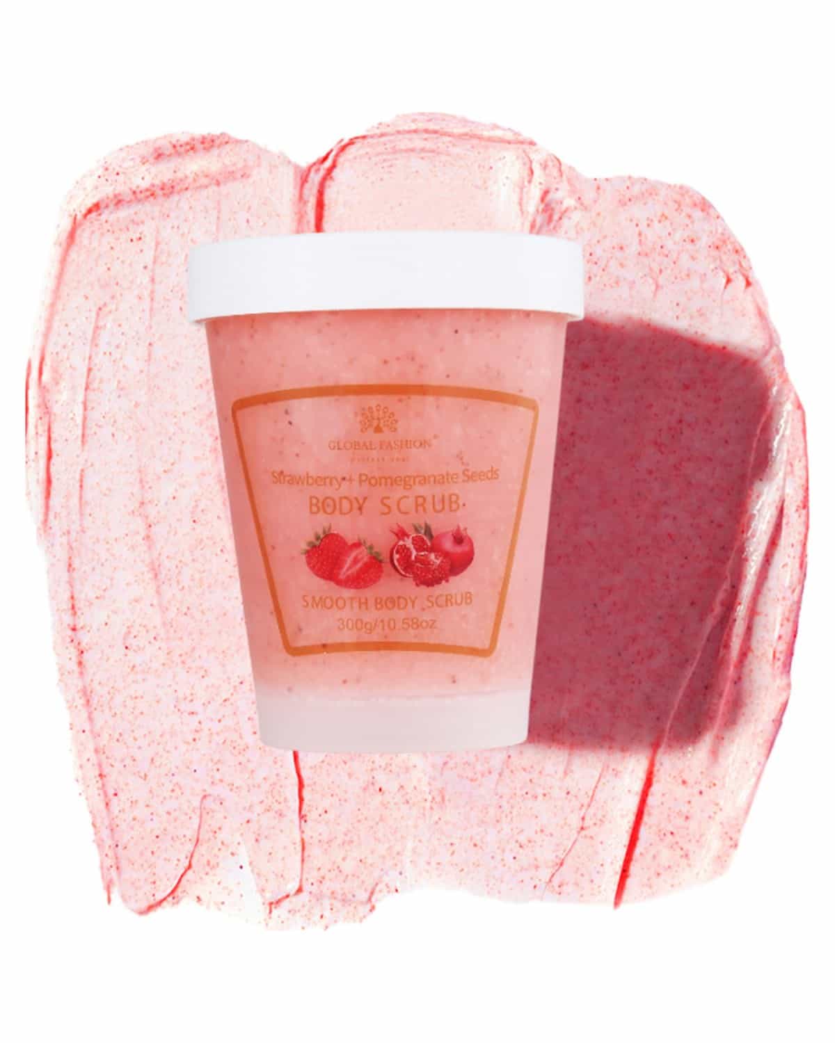 Global Fashion Smooth Body Scrub - Natural Exfoliating & Moisturizing Body Scrub with Collagen & Vitamin E – Deep-Cleansing, Nourishing & Brightening Skin (300 g, Strawberry + Pomegranate seeds)