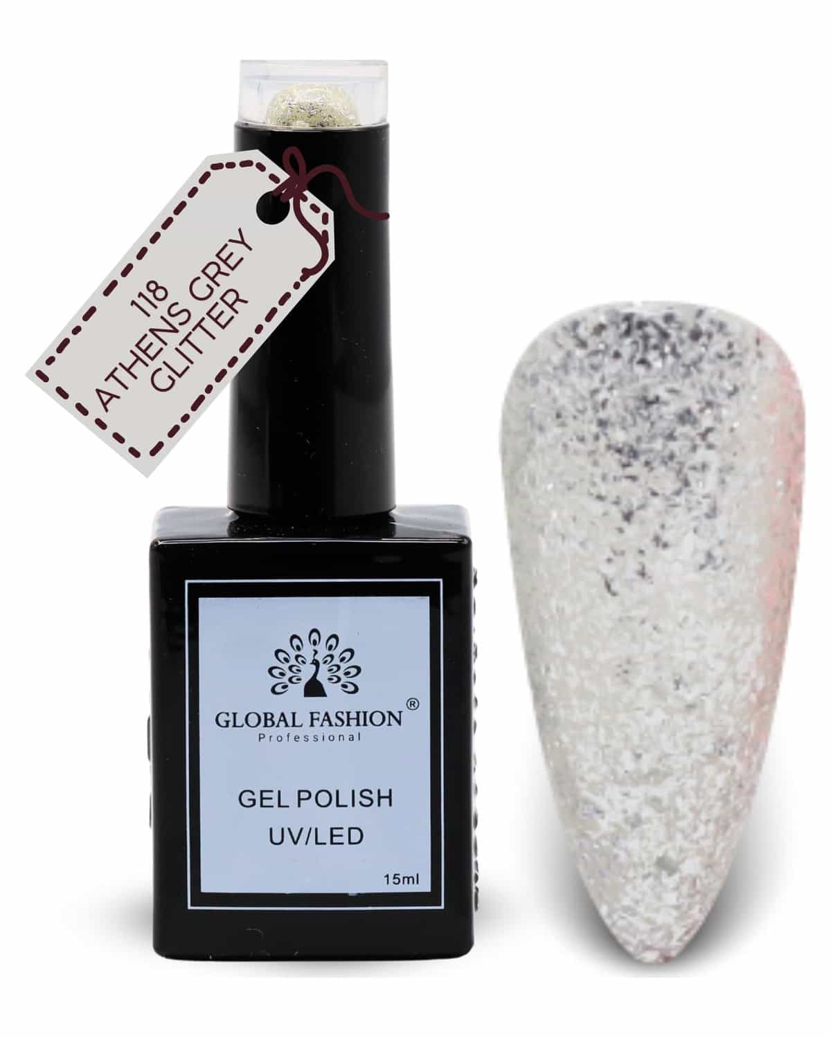 Global Fashion Brilliant Blues Collection (115–120) – 6 Long-Lasting, High-Gloss, Chip-Resistant Colors for Teens & Professionals – UV/LED Soak-Off Nail (118-Athens Grey Glitter-1p)