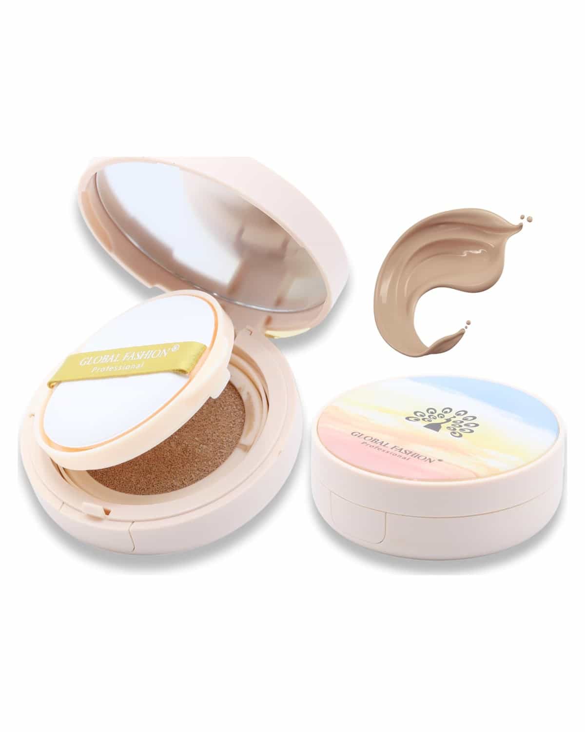 Global Fashion Air Cushion BB Cream + 2 Refills Set - 8 Shades, Long-Lasting Waterproof Foundation with Oil Control, Pore-Minimizing Coverage & Lightweight Breathable Formula (GS07)