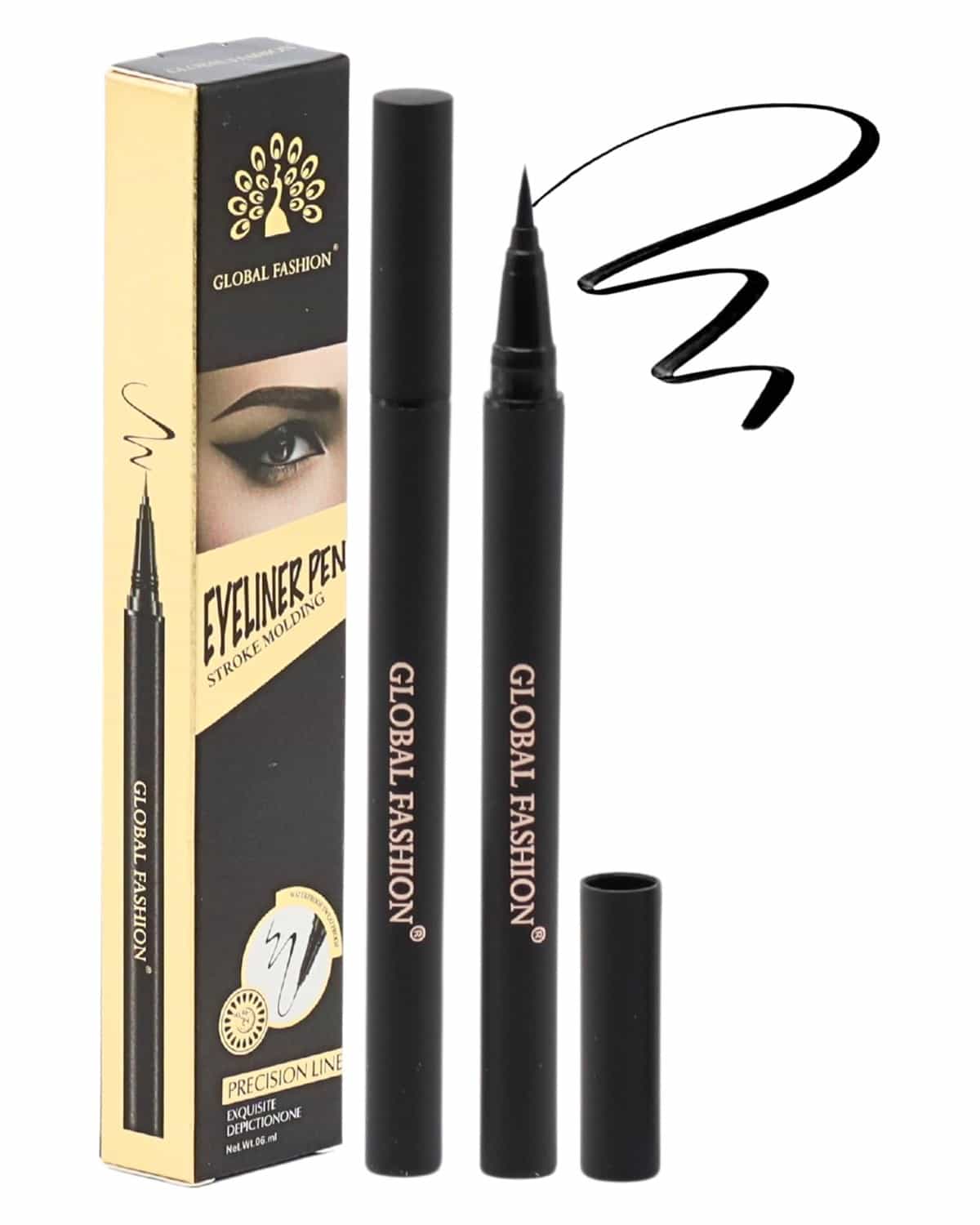 Global Fashion Pro Waterproof Stroke Molding Eyeliner Pen – Smudge-Proof, Long-Lasting Liquid Eyeliner with Ultra-Fine Precision Tip for Sharp Cat-Eyes, Jet Black Quick-Dry Matte F