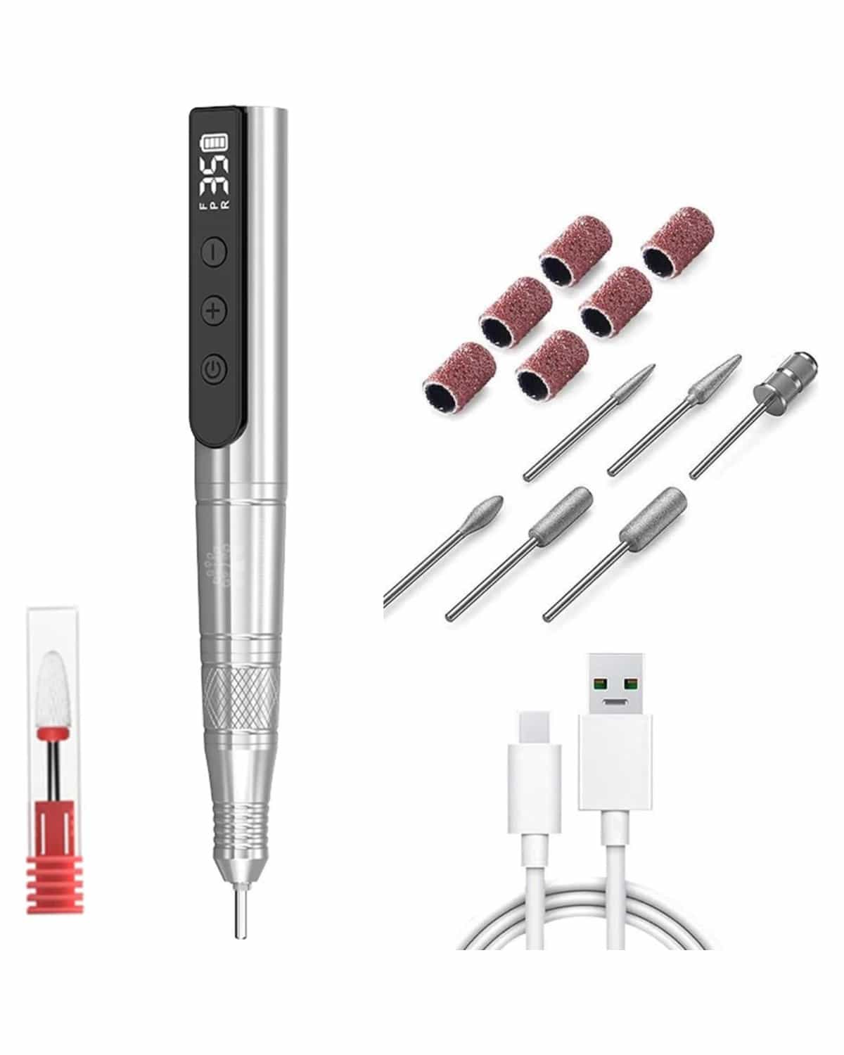 GLOBAL FASHION Professional Rechargeable 24W Electric Nail Drill, 35,000 RPM E-File Kit - Low Noise, Portable, USB Type-C, 800mAh Battery, 6 Bits & Sanding Bands (Silver)