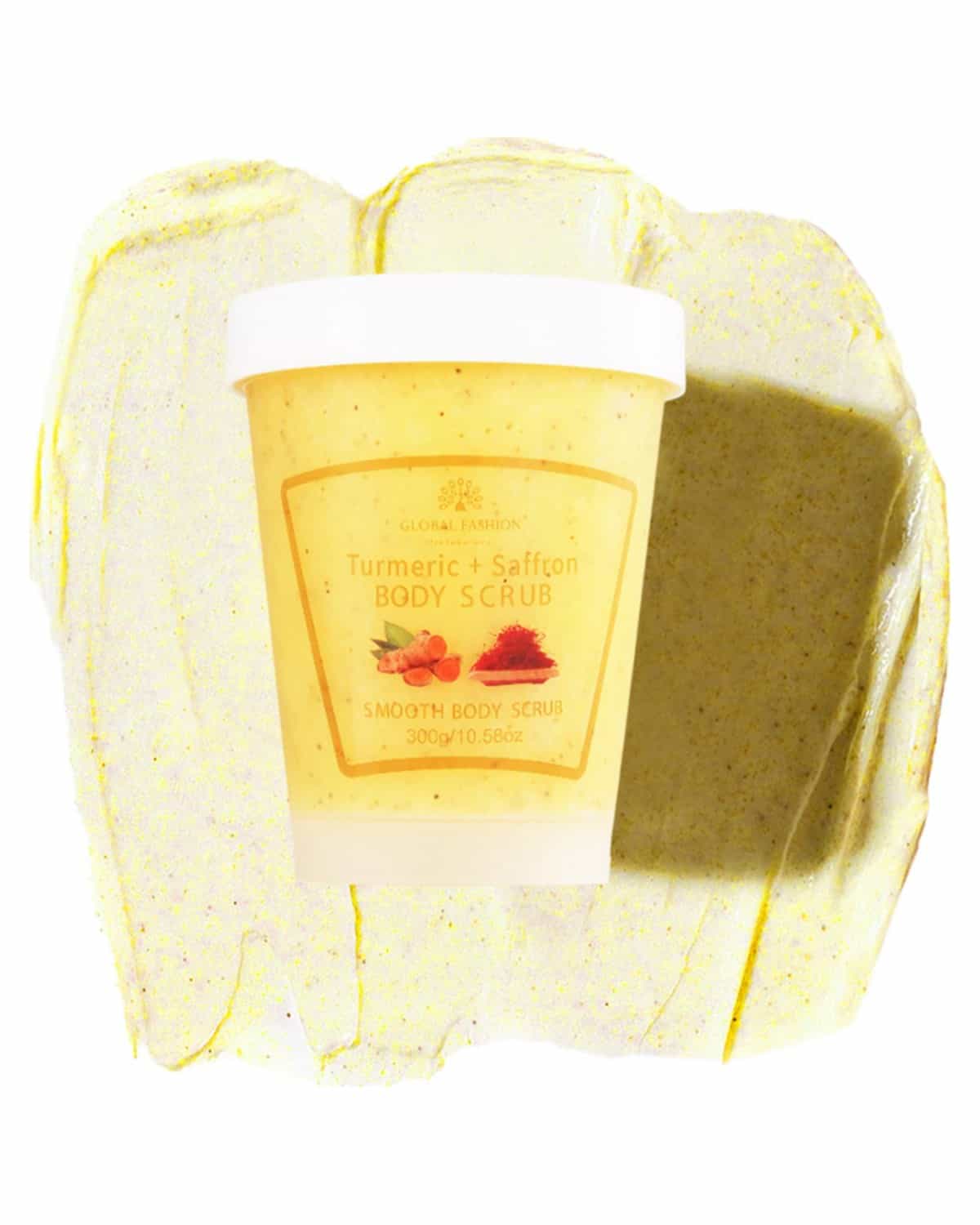 Global Fashion Smooth Body Scrub - Natural Exfoliating & Moisturizing Body Scrub with Collagen & Vitamin E – Deep-Cleansing, Nourishing & Brightening Skin (300 g, Turmeric + Saffron)
