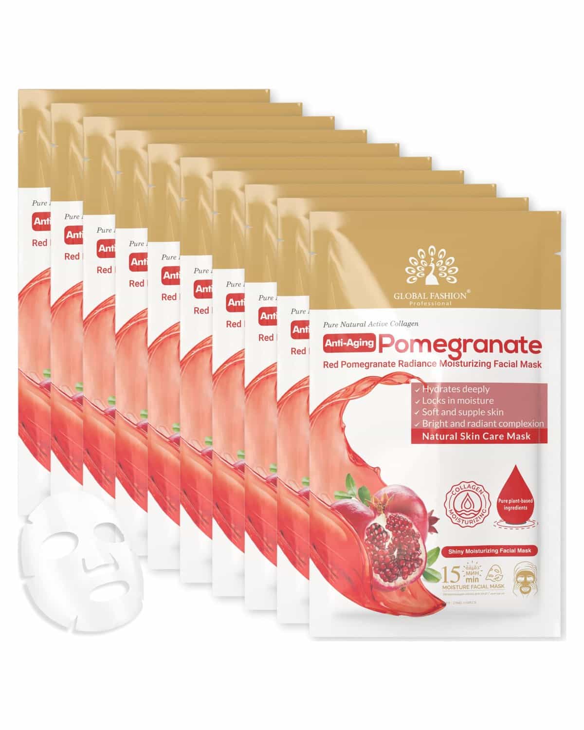 Global Fashion Facial Sheet Mask - 5 Natural Flavours, Hydrating, Anti-Aging, Brightening & Firming - 15 Minute Spa Treatment with Collagen & Hyaluronic Acid (Pack of 10, Pomegranate)