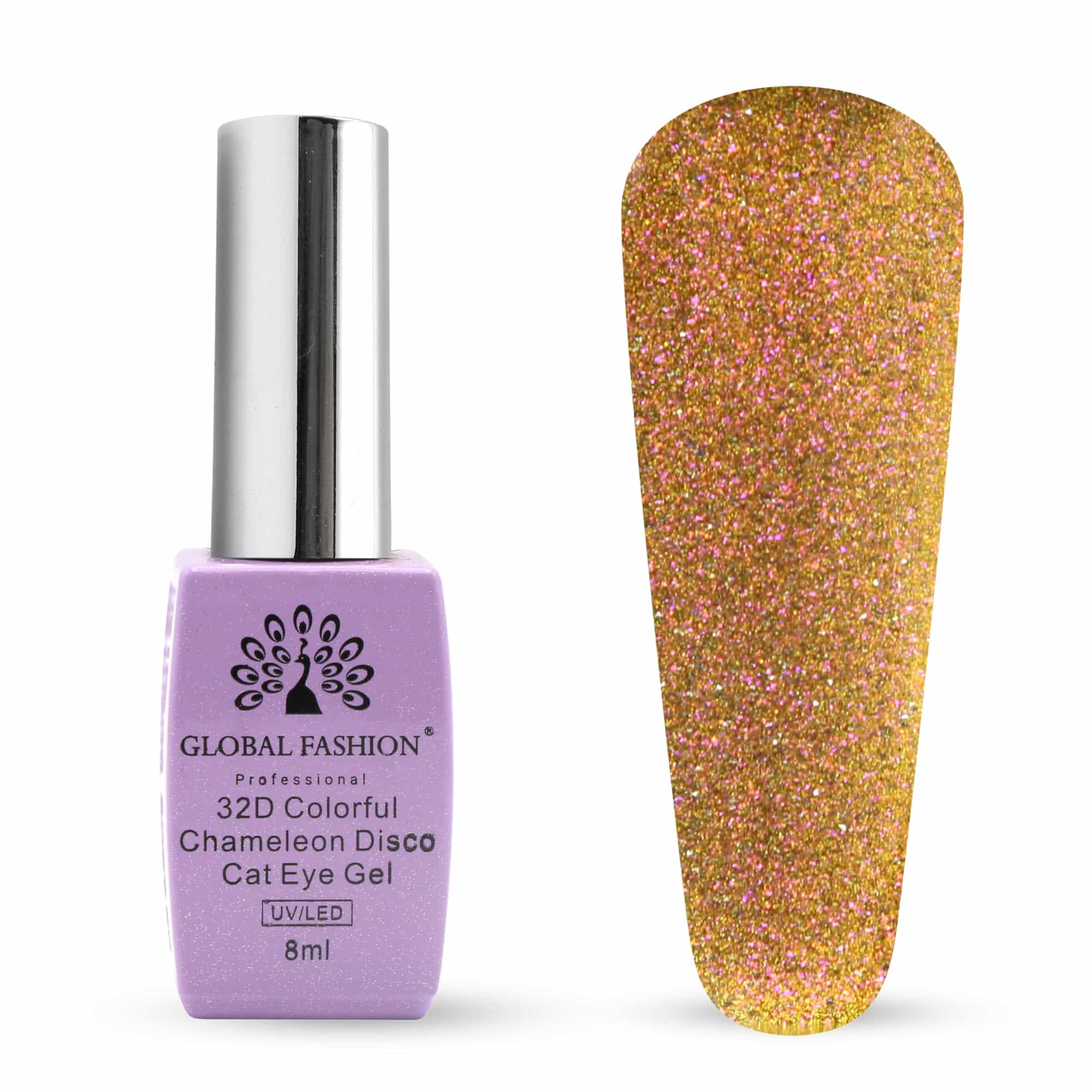 32D Chameleon Cat Eye Gel Polish, Magnetic Rosy Sunset Shimmer, Soak-Off UV/LED Gel Nail Polish, Disco Galaxy Effect, Long-Lasting Sparkle, Nail Art Gift (Golden Stardust, 8ml)