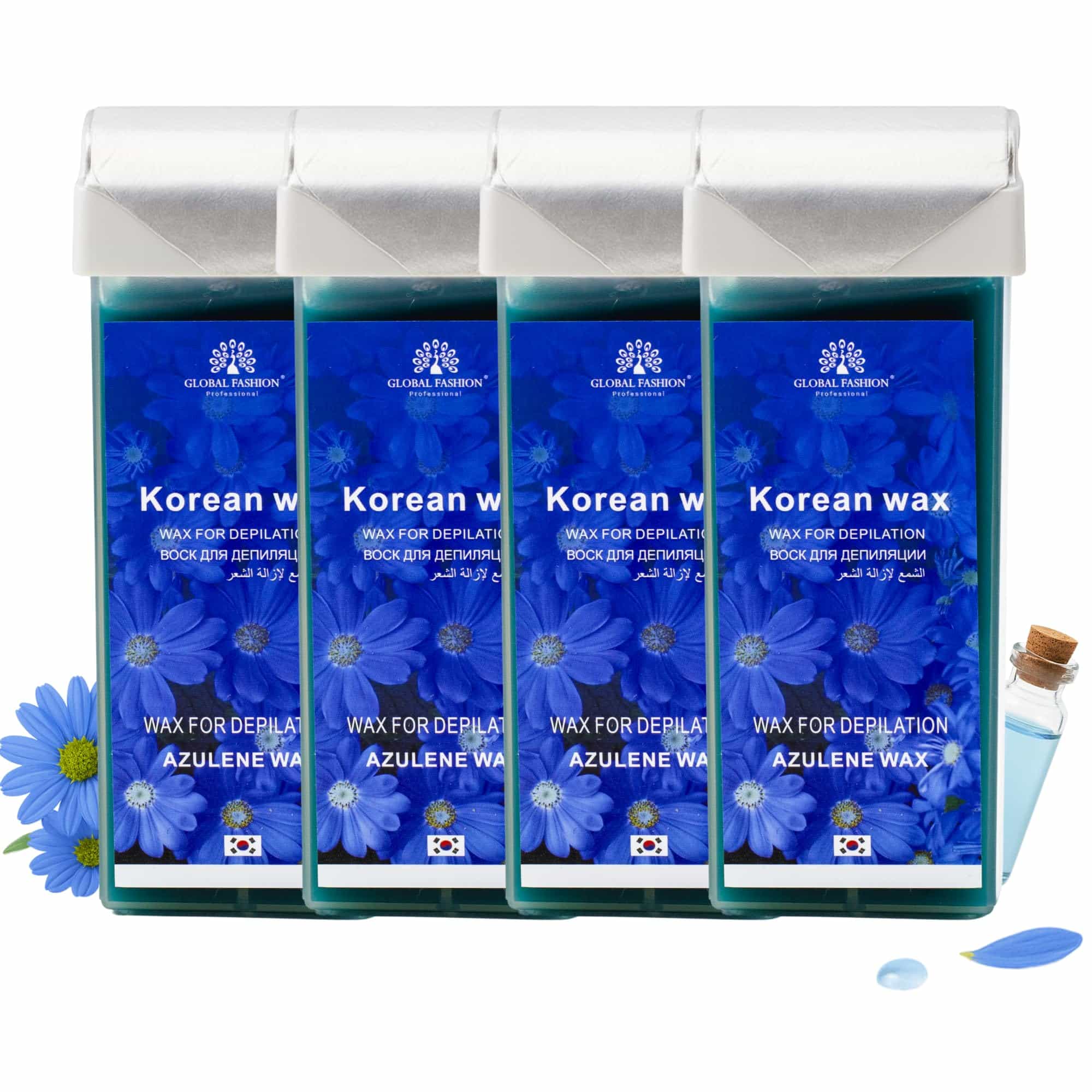Global Fashion 100ml Roll-On Wax Cartridge – Korean Soothing Depilatory Wax Refill for Women Hair Removal, Long-Lasting, Smooth Glide for Legs, Arms & Body | 12 Scents (400ml, Azul)