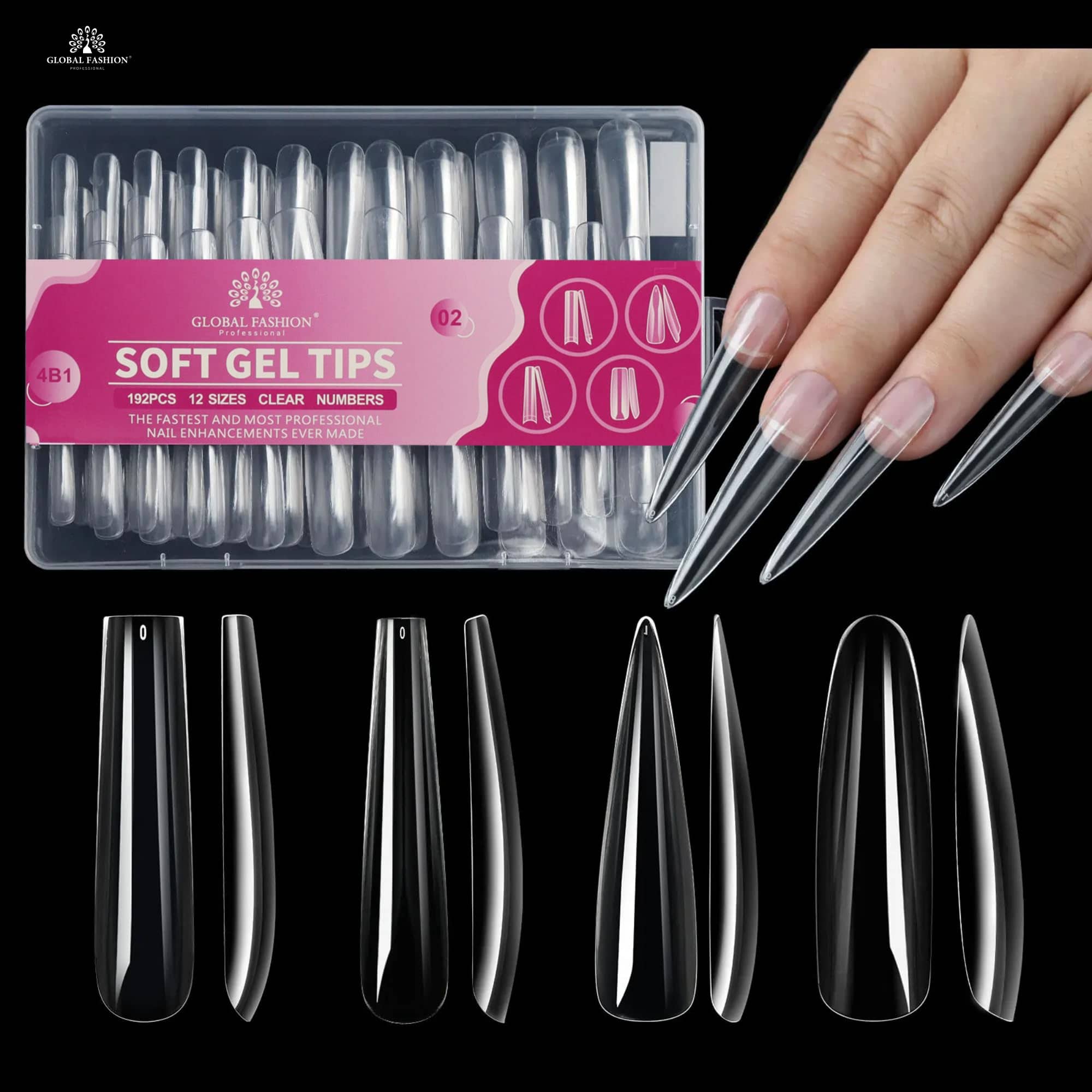 Global Fashion Soft Gel Nail Tips – 192 Pcs, 12 Sizes, Clear Pre-Numbered Full Cover Extensions for Acrylic, Gel, Press-On Nails – Long Coffin & Stiletto Shape for Salon & DIY Nail