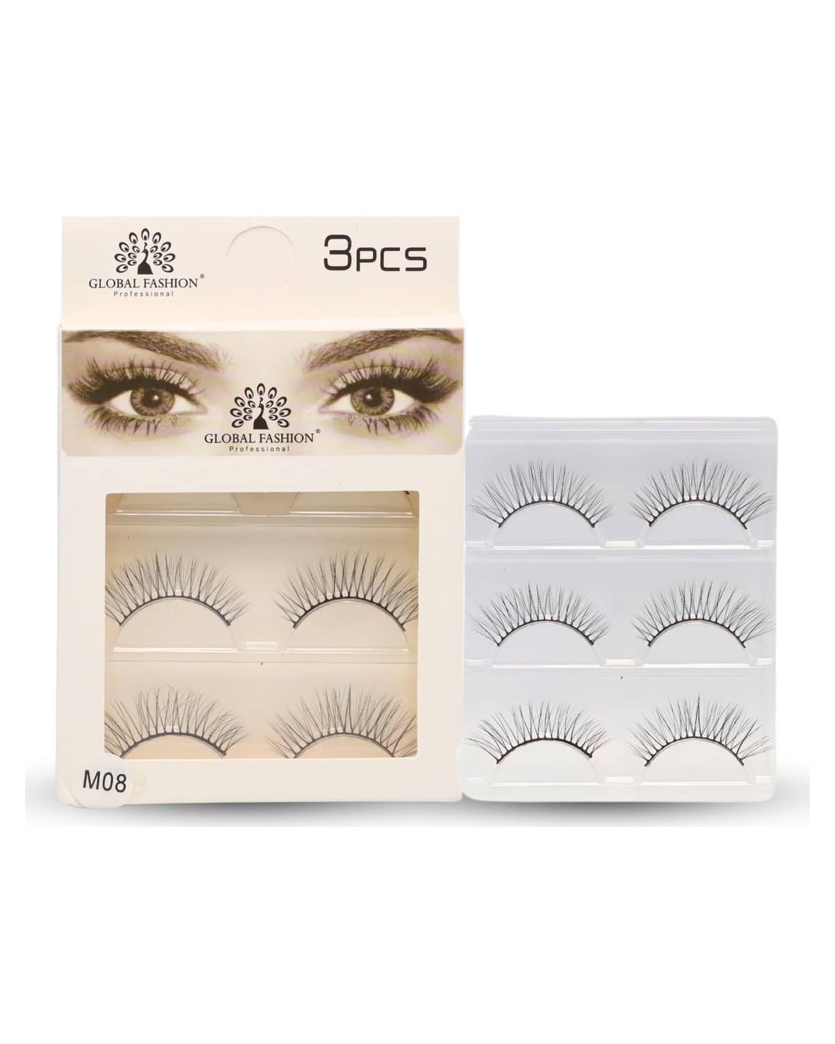 GLOBAL FASHION False Eyelashes Pack - Wispy Natural Look, Mink Fluffy Strips, Cat Eye and Fox Eye Lashes, Reusable, Easy Application, Perfect for Daily Wear & Special Occasions | (Eyelash M08-3Pcs)