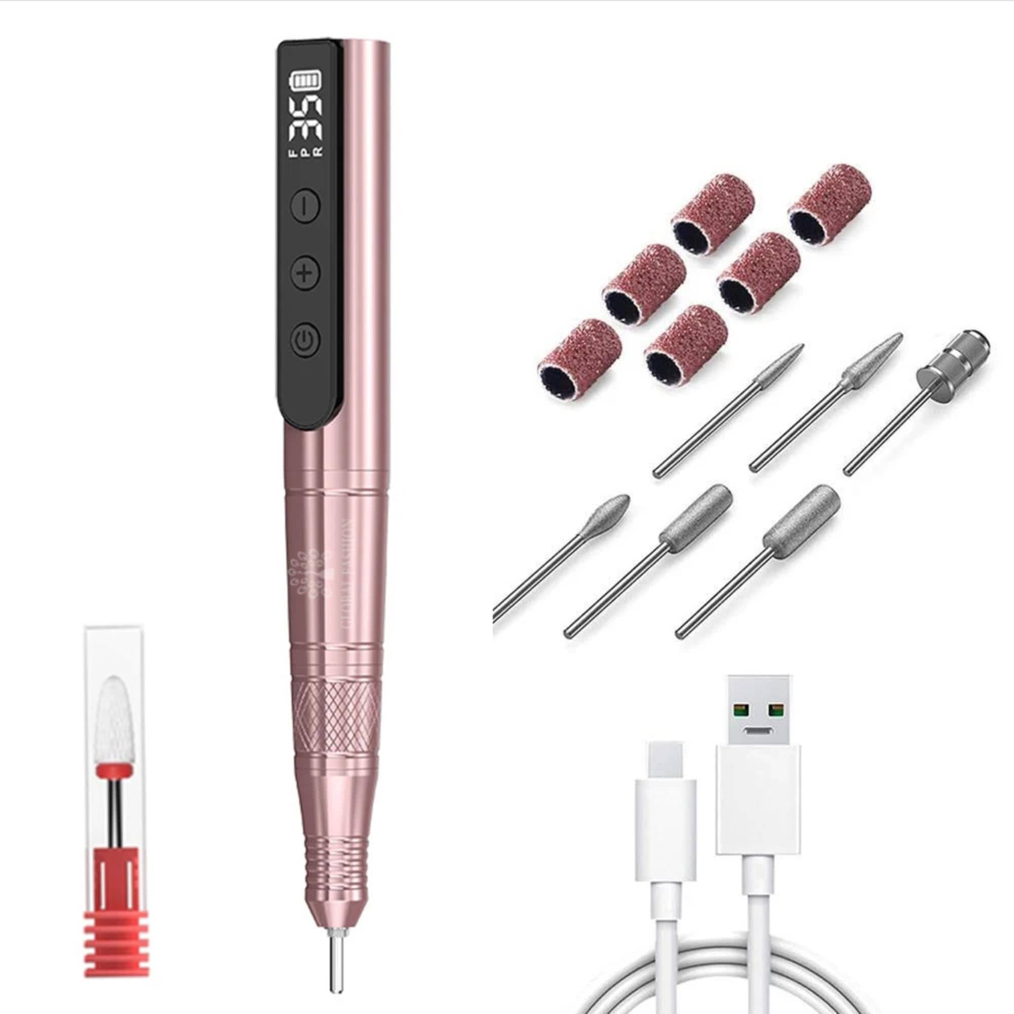 GLOBAL FASHION Professional Rechargeable 24W Electric Nail Drill, 35,000 RPM E-File Kit - Low Noise, Portable, USB Type-C, 800mAh Battery, 6 Bits & Sanding Bands (Pink)