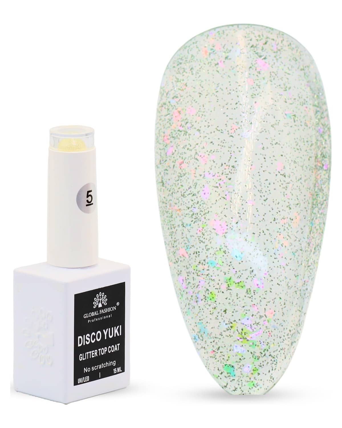 Disco Yuki Crystal Diamond Glow Top Coat, UV/LED Gel Polish, Long-Lasting No Wipe Glitter Finish, Chip-Resistant, 15ml Nail Shine for Natural & Acrylic Nails (5: Mint Frost Gleam)