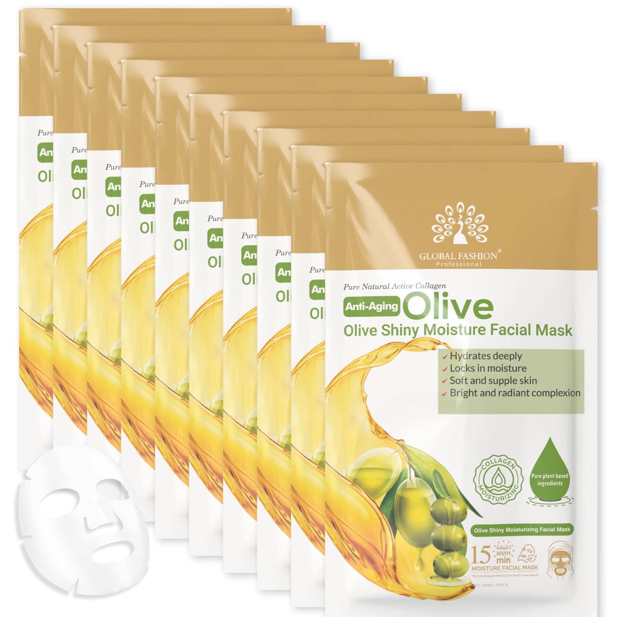 Global Fashion Facial Sheet Mask - 5 Natural Flavours, Hydrating, Anti-Aging, Brightening & Firming - 15 Minute Spa Treatment with Collagen & Hyaluronic Acid (Pack of 10, Olive)