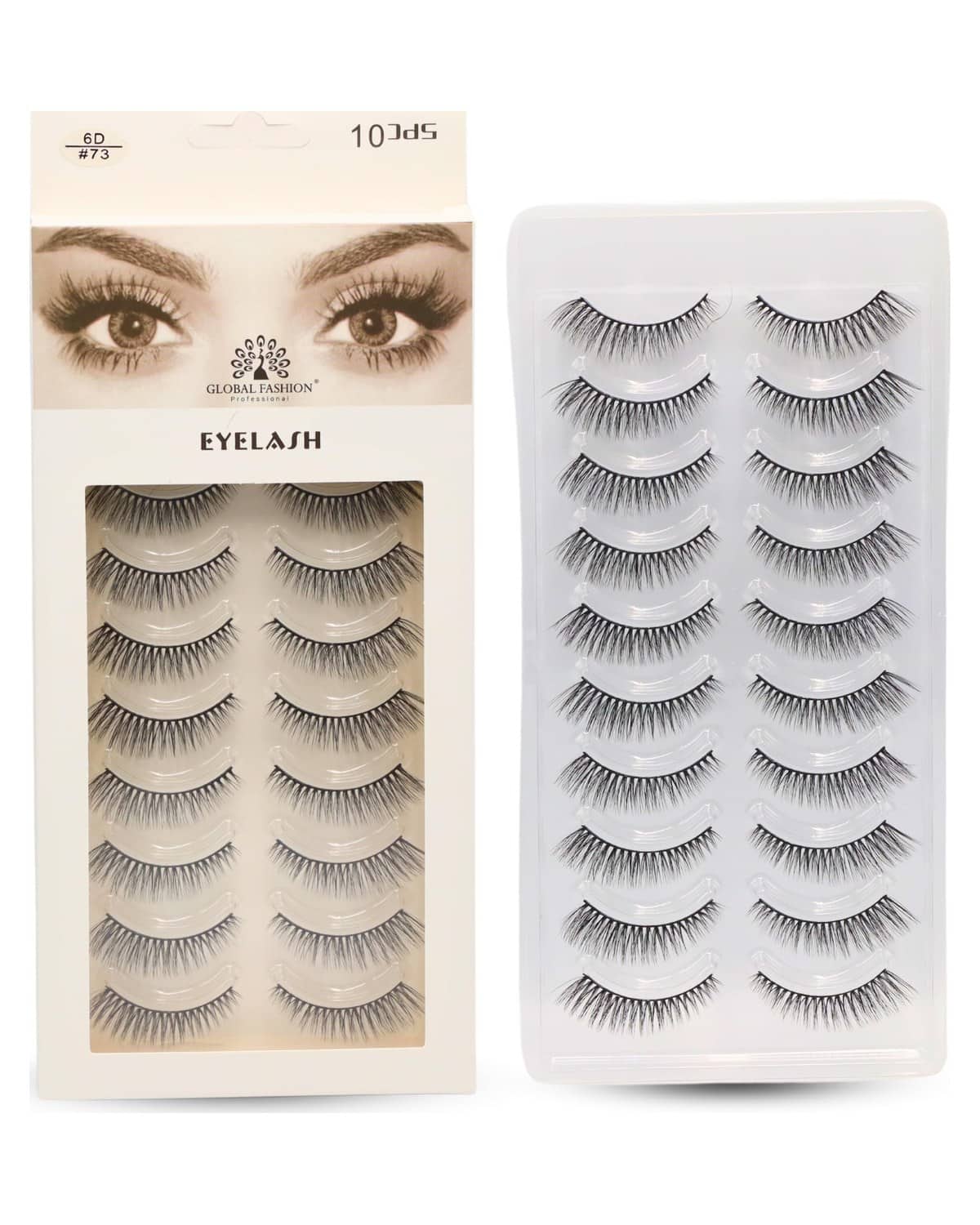 False Eyelashes Pack - Wispy Natural Look, Mink Fluffy Strips, Cat Eye and Fox Eye Lashes, Reusable, Easy Application, Perfect for Daily Wear & Special Occasions | (Eyelash 6D #73-10Pcs)