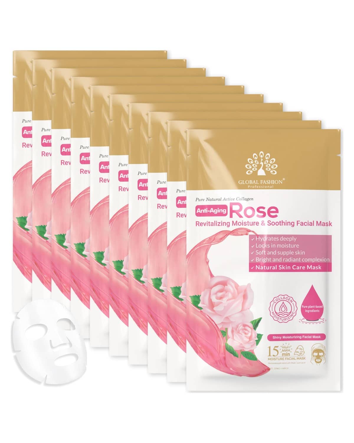 Global Fashion Facial Sheet Mask - 5 Natural Flavours, Hydrating, Anti-Aging, Brightening & Firming - 15 Minute Spa Treatment with Collagen & Hyaluronic Acid (Pack of 10, Rose)