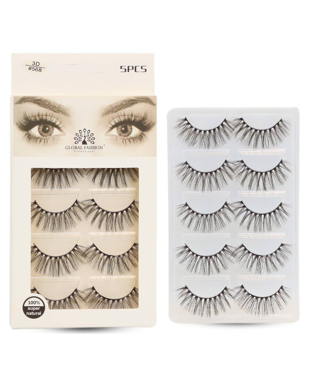 False Eyelashes Pack - Wispy Natural Look, Mink Fluffy Strips, Cat Eye and Fox Eye Lashes, Reusable, Easy Application, Perfect for Daily Wear & Special Occasions | (Eyelash 3D #568-5Pcs)