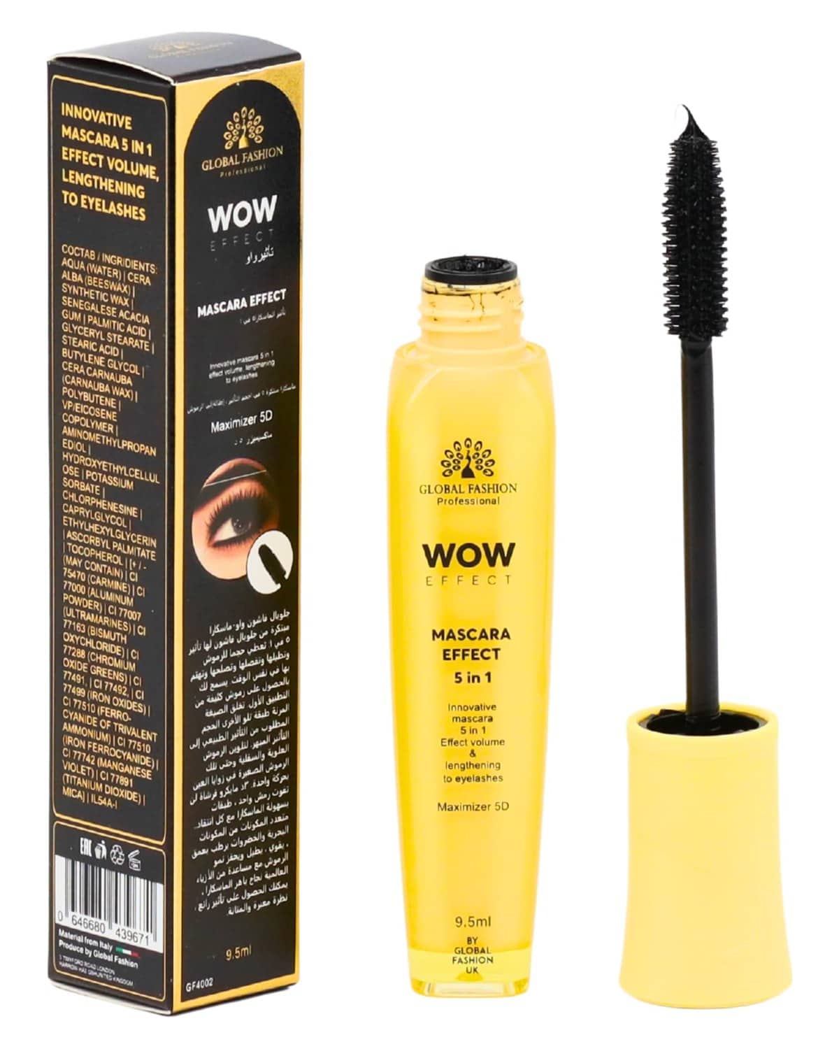 Global Fashion WOW Effect Maximizer 5D – 5-in-1 Volumizing & Lengthening Mascara, Deep Black Precision Curl & Separation, Lash-Care Formula, Smudge-Proof, Clump-Free, 9.5 ml (Masca)