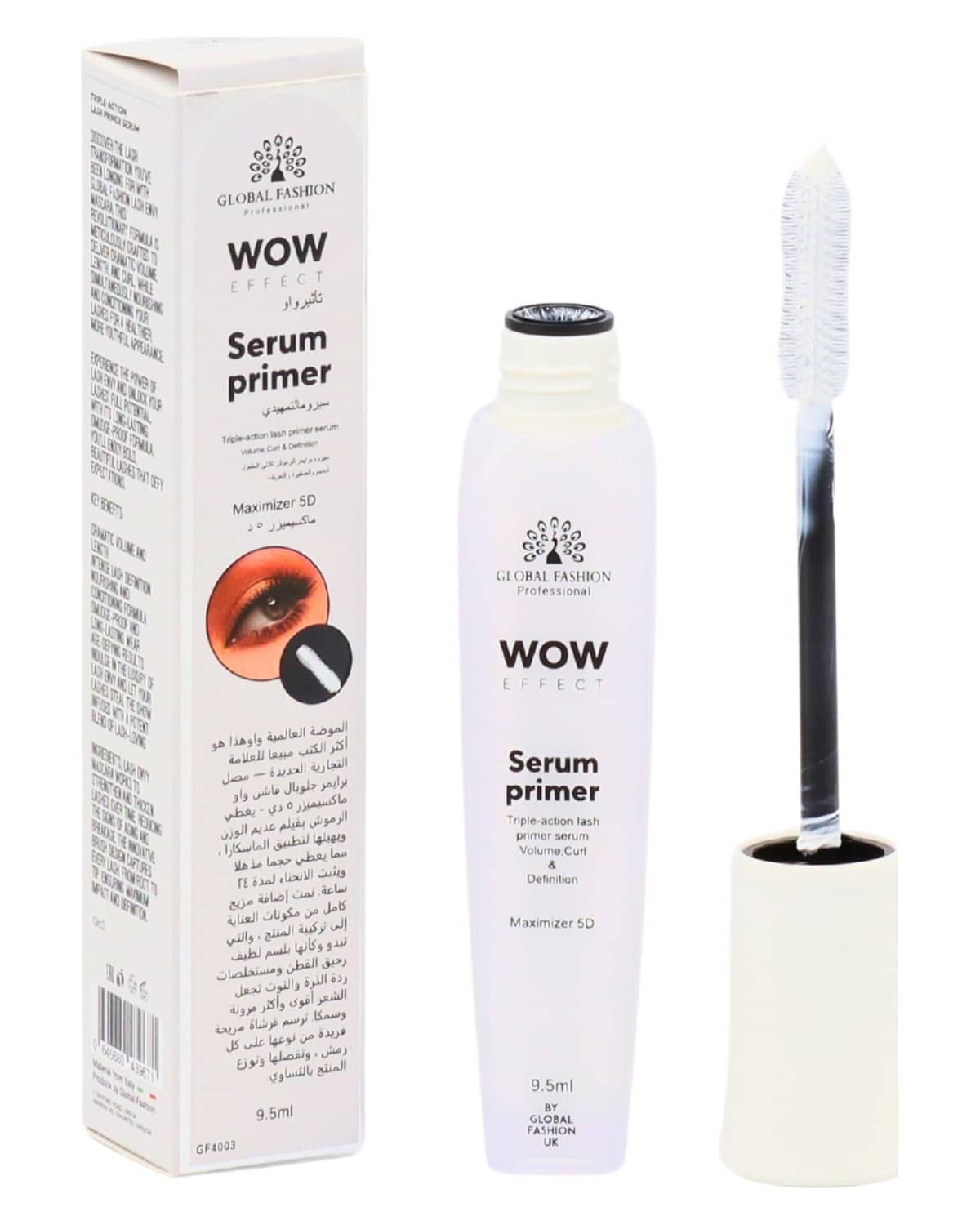 Global Fashion WOW Effect Triple-Action Lash Serum Primer – 3-in-1 Volumizing, Curl & Definition Pre-Mascara Base, Infused with Vitamin E, Panthenol & Peptides, Maximizer 5D, 9.5 m
