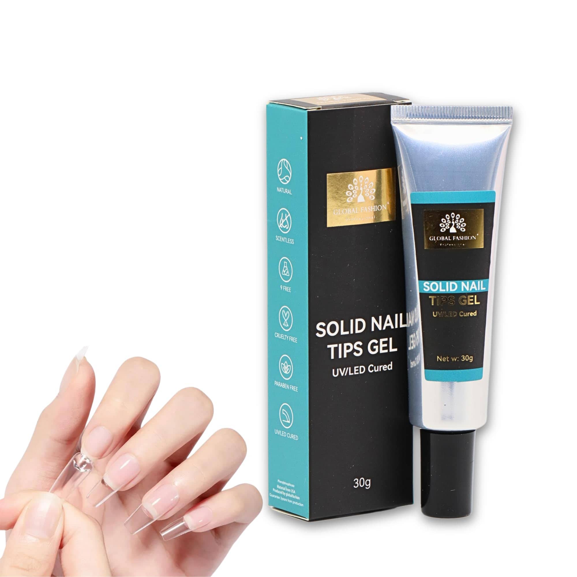 Global Fashion Solid Nail Tips Gel 15g - UV/LED Curable, Strong Adhesion for Nail Extensions, Non-Whitish, No Slip, Long-Lasting Nail Glue Gel for Acrylic & Press-On Nails (Clear, 30g)