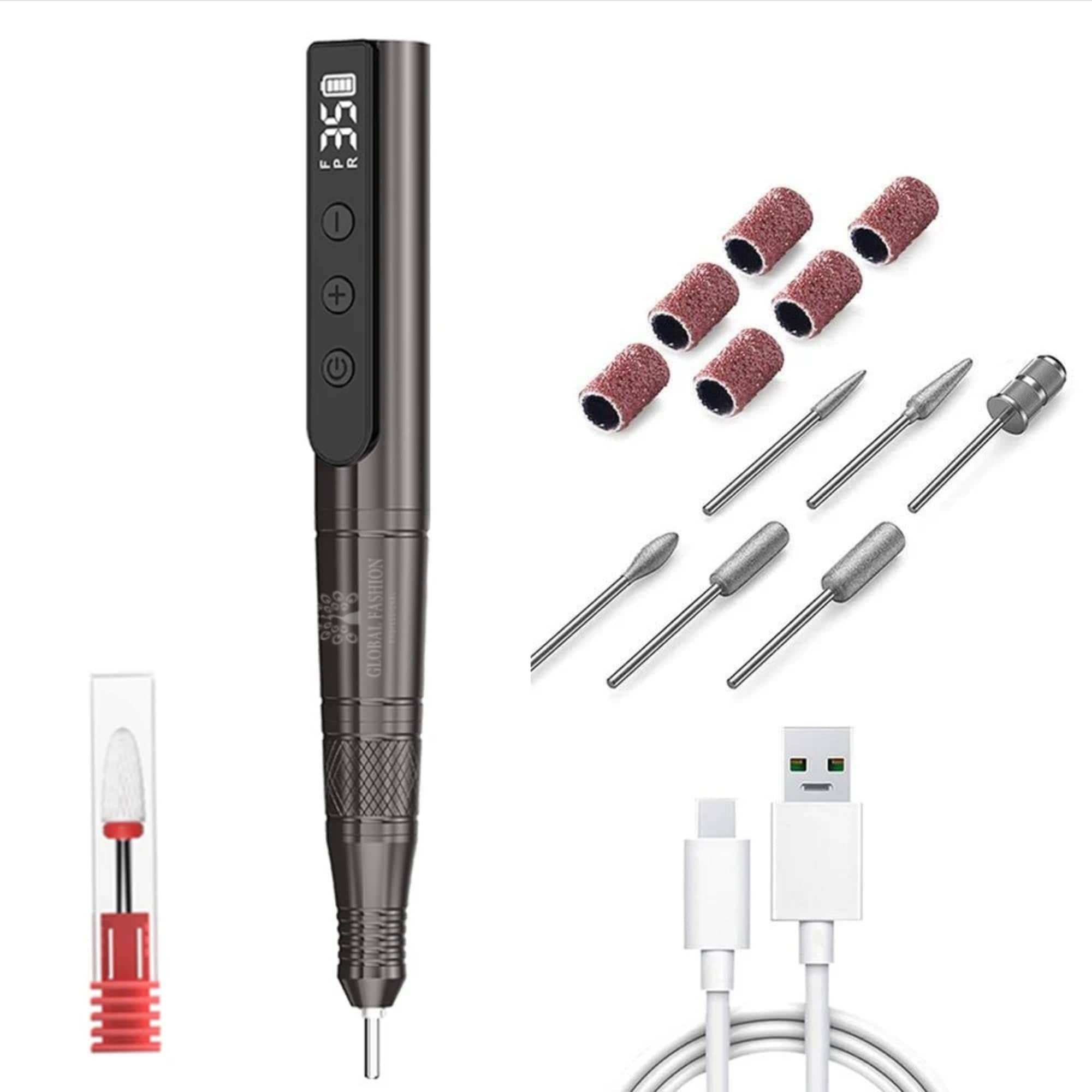 GLOBAL FASHION Professional Rechargeable 24W Electric Nail Drill, 35,000 RPM E-File Kit - Low Noise, Portable, USB Type-C, 800mAh Battery, 6 Bits & Sanding Bands (Black)