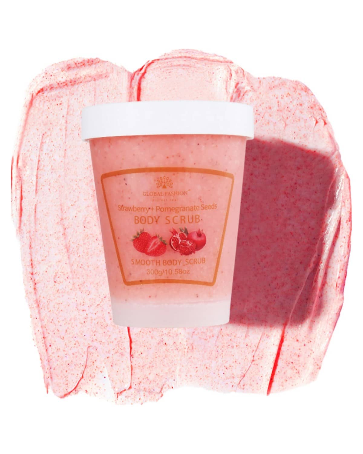 Global Fashion Smooth Body Scrub - Natural Exfoliating & Moisturizing Body Scrub with Collagen & Vitamin E – Deep-Cleansing, Nourishing & Brightening Skin (300 g, Strawberry + Pomegranate seeds)