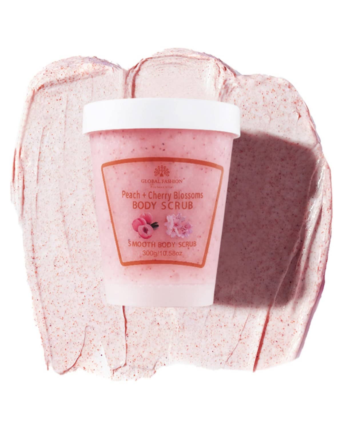 Global Fashion Smooth Body Scrub - Natural Exfoliating & Moisturizing Body Scrub with Collagen & Vitamin E – Deep-Cleansing, Nourishing & Brightening Skin (300 g, Peach + Cherry Blossoms)