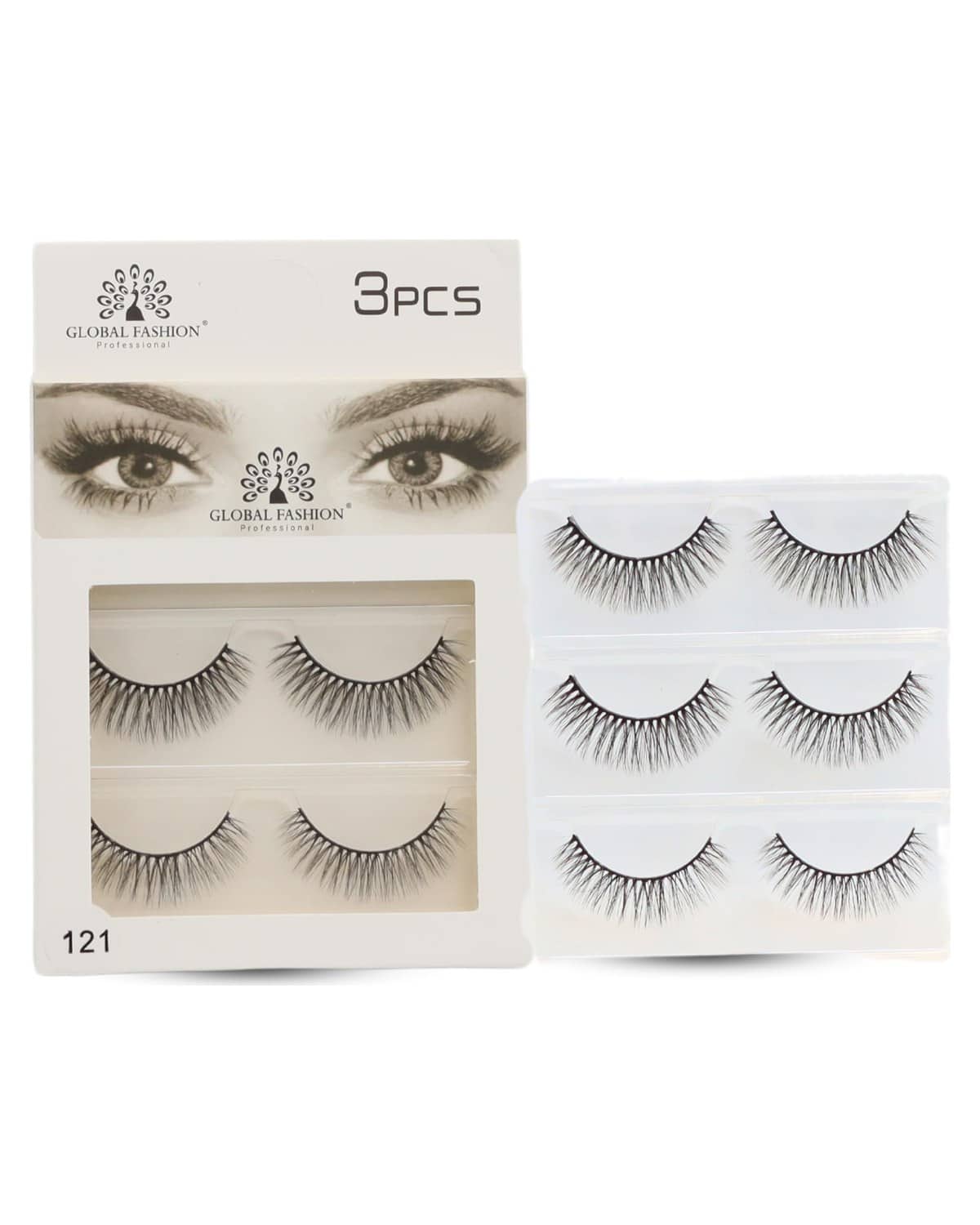 GLOBAL FASHION False Eyelashes Pack - Wispy Natural Look, Mink Fluffy Strips, Cat Eye and Fox Eye Lashes, Reusable, Easy Application, Perfect for Daily Wear & Special Occasions | (Eyelash 121-3Pcs)