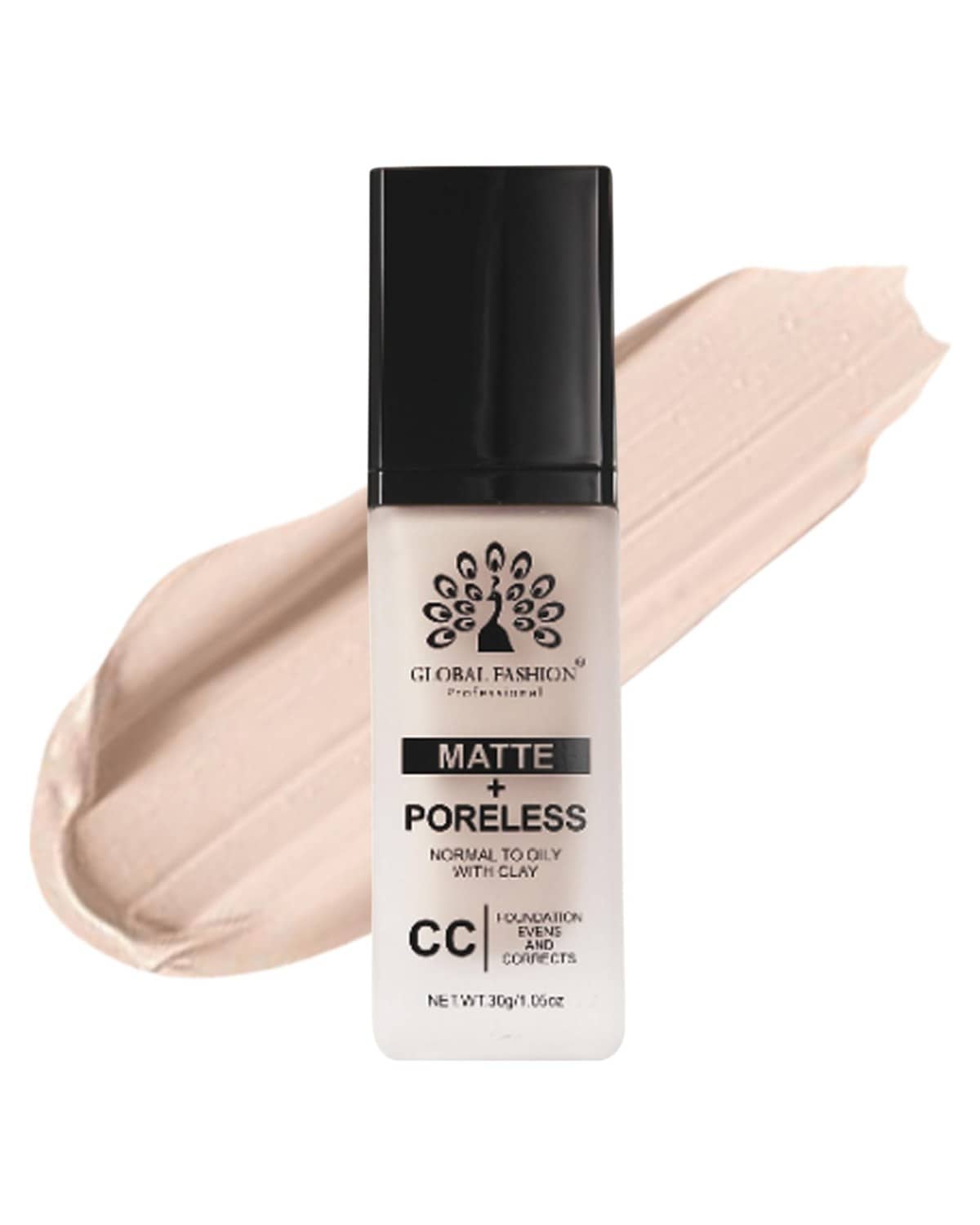 Global Fashion Matte & Poreless CC Foundation - 8 Shades, Oil‑Control, Clay‑Infused Tone‑Perfecting SPF - Free Cream, Lightweight, Buildable Coverage for Normal Oily Skin (G011 - W)