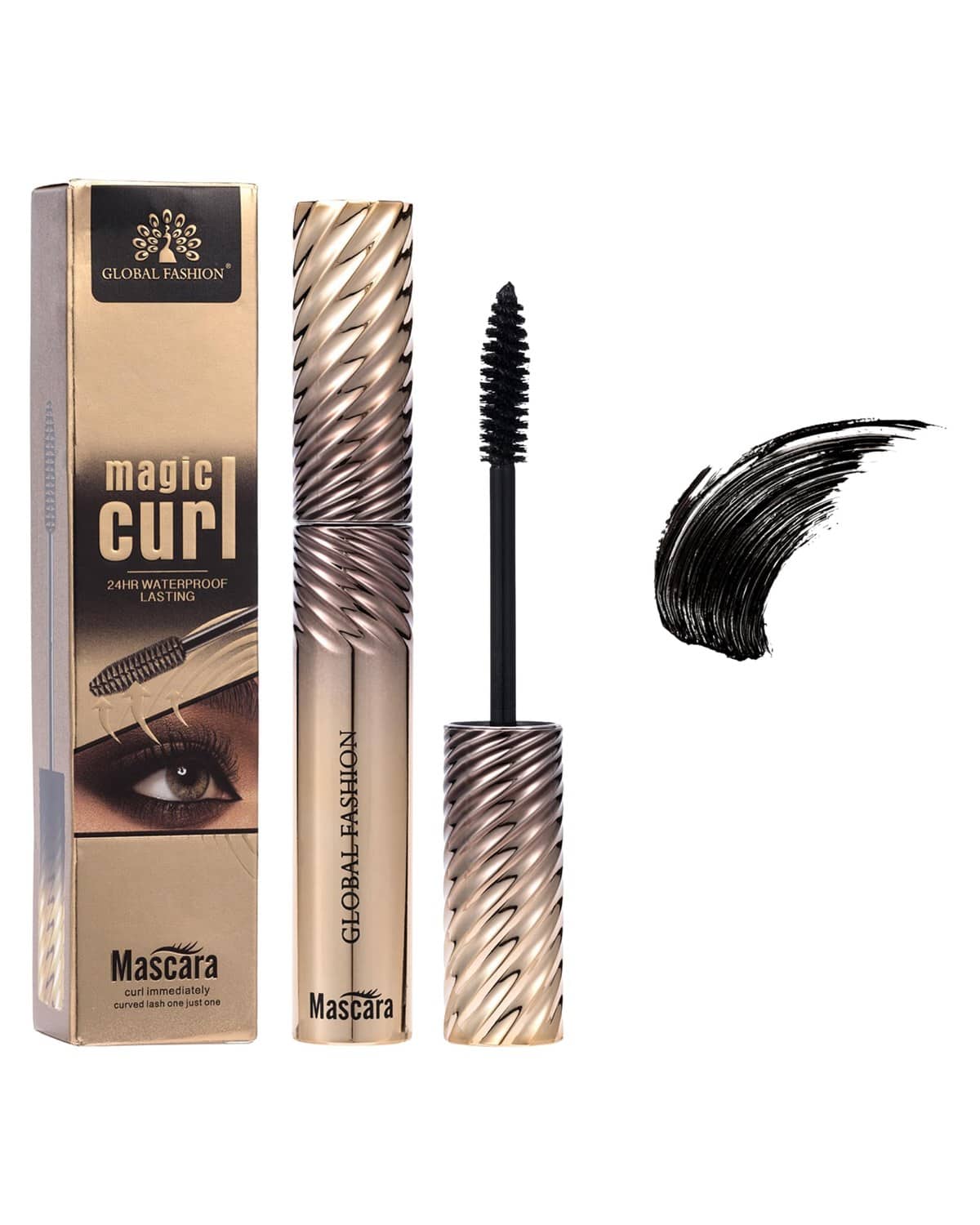 Global Fashion Magic Curl Waterproof Mascara, 24-Hour Long-Lasting Smudge-Proof Lash Definer, Dual Brush System for Volume, Curl, Length & Clump-Free Separation (Brush 2 - Flexible Silicone Comb)
