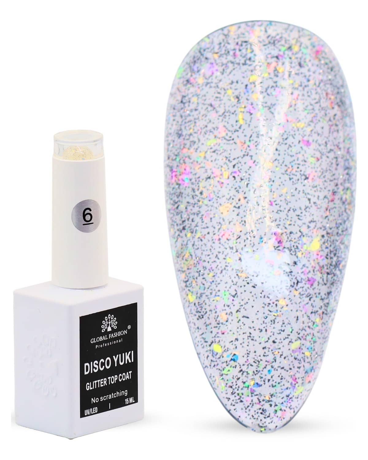 Disco Yuki Crystal Diamond Glow Top Coat, UV/LED Gel Polish, Long-Lasting No Wipe Glitter Finish, Chip-Resistant, 15ml Nail Shine for Natural & Acrylic Nails (6: Stardust Silver Sh)