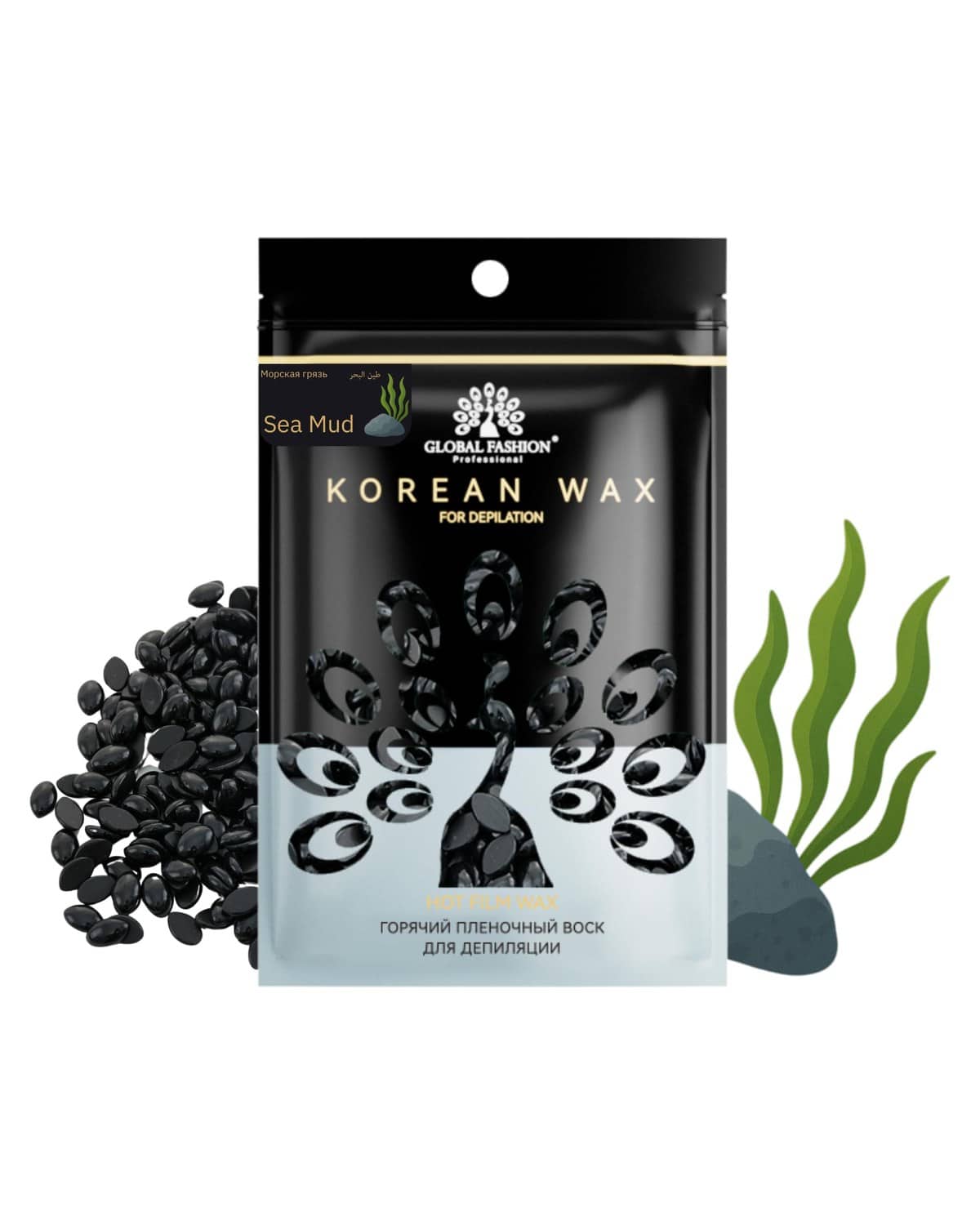 Korean Hot Film Hard Wax Beans for Painless Hair Removal – 12 Variants Stripless Korean Waxing Beads for Bikini, Legs, Face, Body – All Skin Types (100g, SEA MUD)