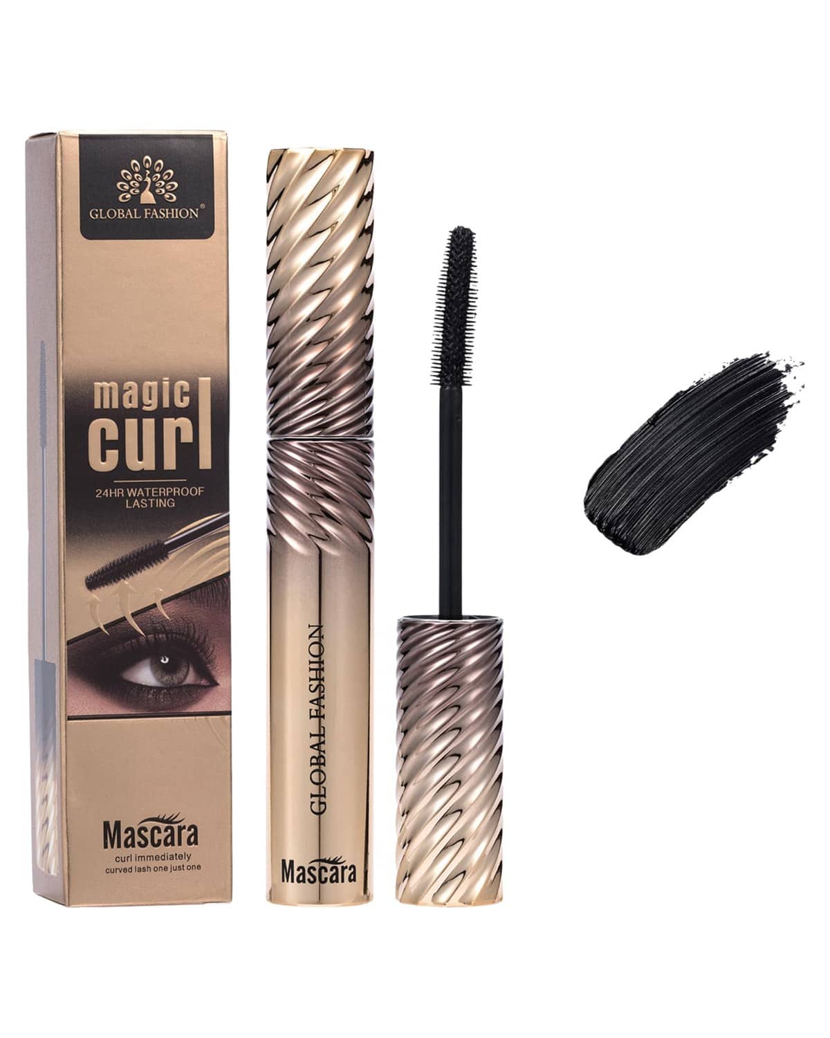 Global Fashion Magic Curl Waterproof Mascara, 24-Hour Long-Lasting Smudge-Proof Lash Definer, Dual Brush System for Volume, Curl, Length & Clump-Free Separation (Brush 1 - Thick Dense Bristle)