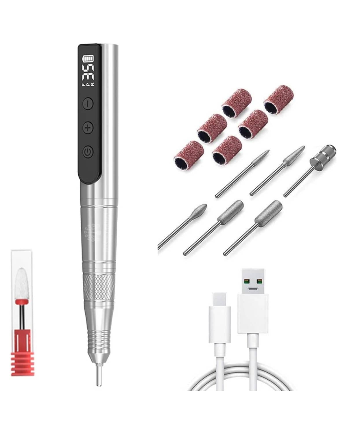GLOBAL FASHION Professional Rechargeable 24W Electric Nail Drill, 35,000 RPM E-File Kit - Low Noise, Portable, USB Type-C, 800mAh Battery, 6 Bits & Sanding Bands (Silver)