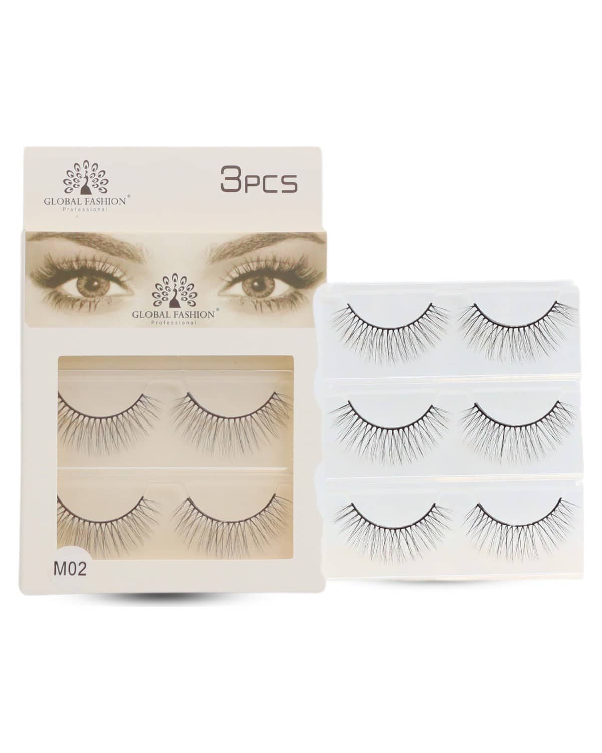 GLOBAL FASHION False Eyelashes Pack - Wispy Natural Look, Mink Fluffy Strips, Cat Eye and Fox Eye Lashes, Reusable, Easy Application, Perfect for Daily Wear & Special Occasions | (Eyelash M02-3Pcs)