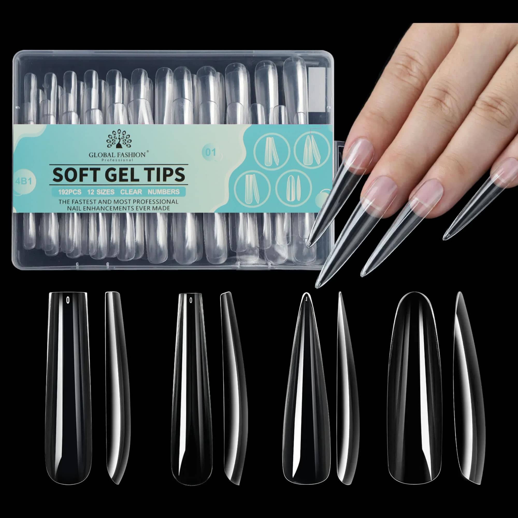 Global Fashion Soft Gel Nail Tips – 192 Pcs, 12 Sizes, Clear Pre-Numbered Full Cover Extensions for Acrylic, Gel, Press-On Nails – Long Coffin & Stiletto Shape for Salon & DIY Nail Art (01, 4B1)