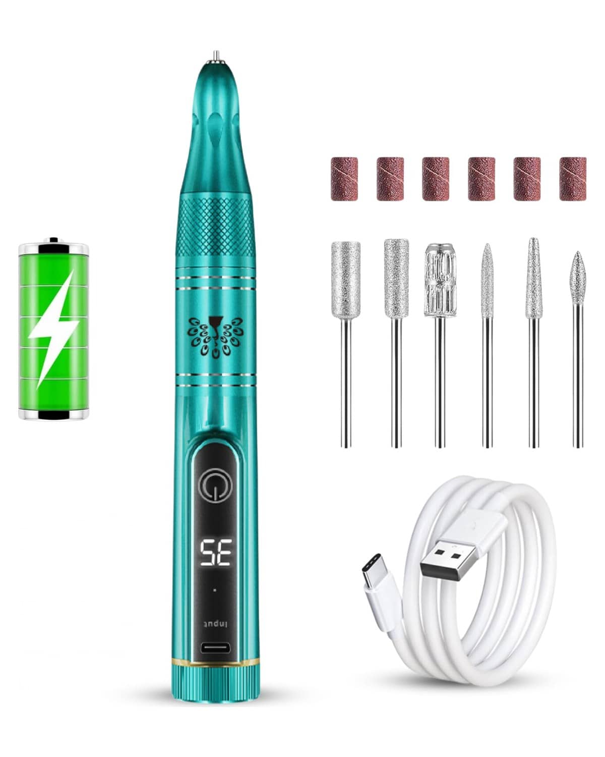 Rechargeable Electric Nail Drill Pen Set - Professional 35,000 RPM Portable E-File for Acrylic, Gel, and Natural Nails, USB Cordless Manicure Tool with Forward/Reverse Function and Drill Bits (Green)