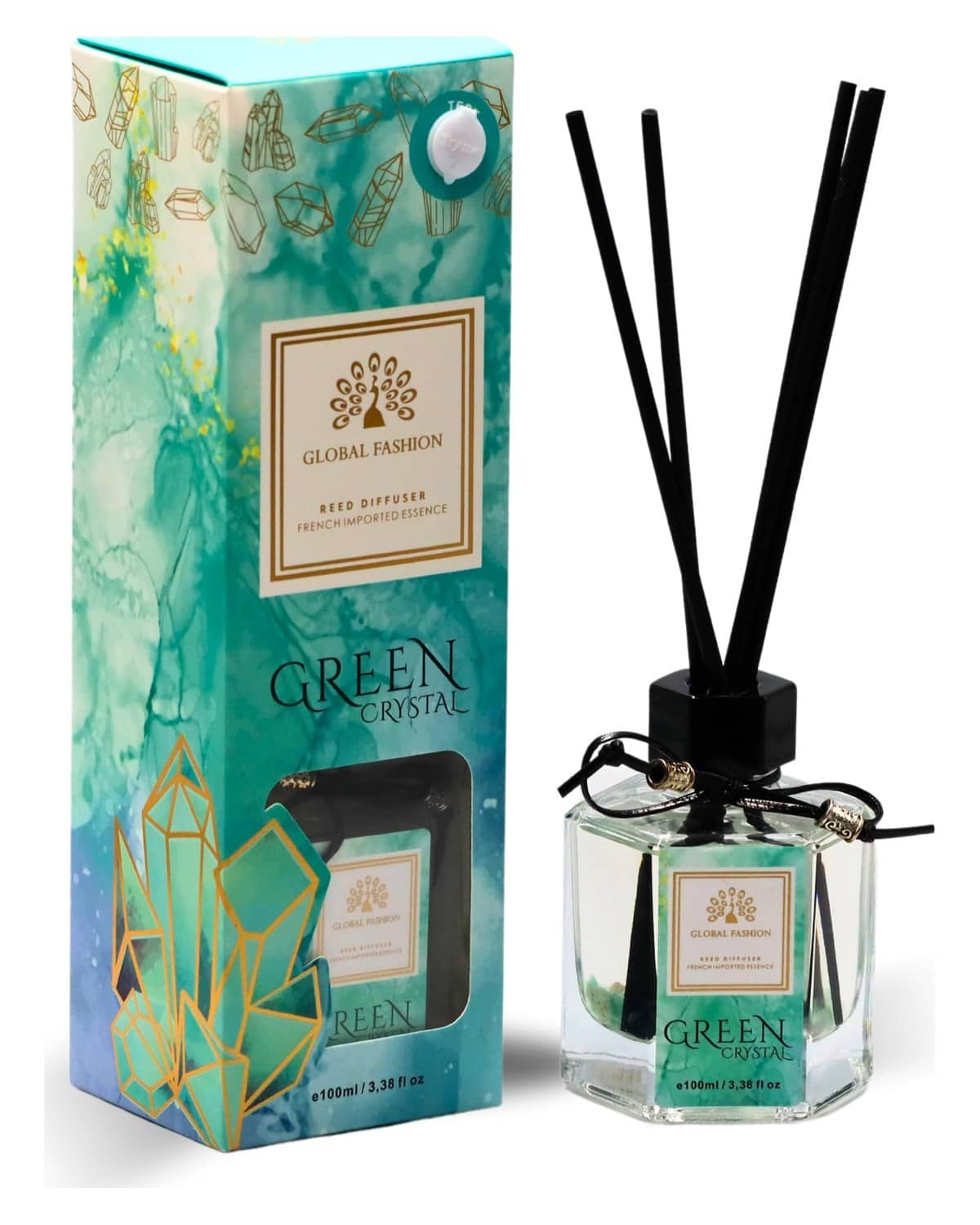 Luxury Reed Diffuser 100ml – 8 Scents | Long-Lasting Home Fragrance with French Imported Essence | Aromatherapy Oil Diffuser Gift Set for Bedroom, Bathroom, Office & Home Decor (Green Crystal)