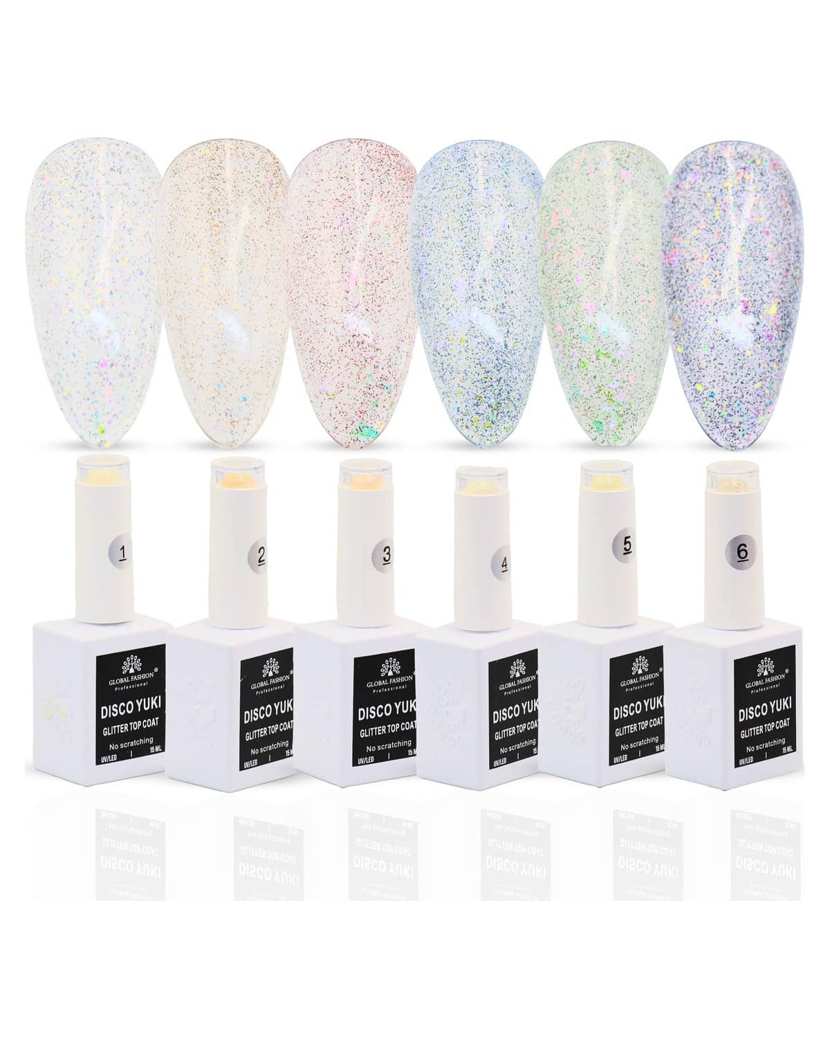 Disco Yuki Crystal Diamond Glow Top Coat, UV/LED Gel Polish, Long-Lasting No Wipe Glitter Finish, Chip-Resistant, 15ml Nail Shine for Natural & Acrylic Nails (Disco Yuki Crystal 6 Colors Set, 15ml)