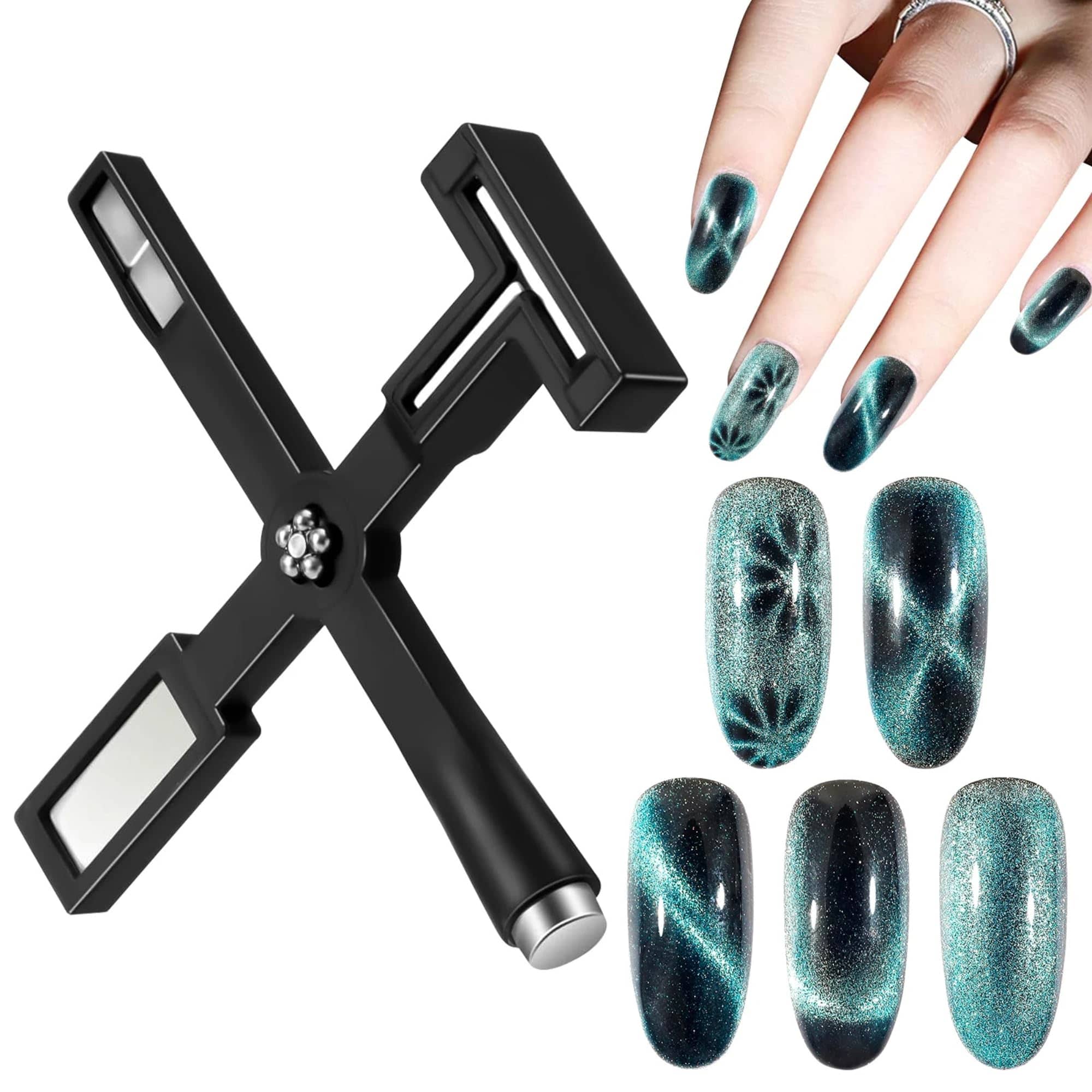 5-in-1 Multi-Functional Cat Eye Nail Magnet Tool - Strong Magnetic Power with T-Shape, Round, Square, Splice & Flower Heads to Create 3D Cat Eye, Cross, Halo and Flower Effects for