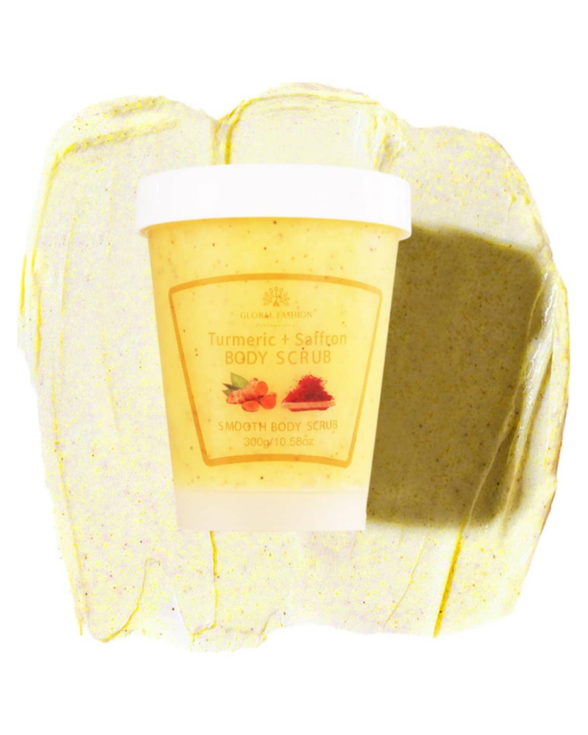 Global Fashion Smooth Body Scrub - Natural Exfoliating & Moisturizing Body Scrub with Collagen & Vitamin E – Deep-Cleansing, Nourishing & Brightening Skin (300 g, Turmeric + Saffron)