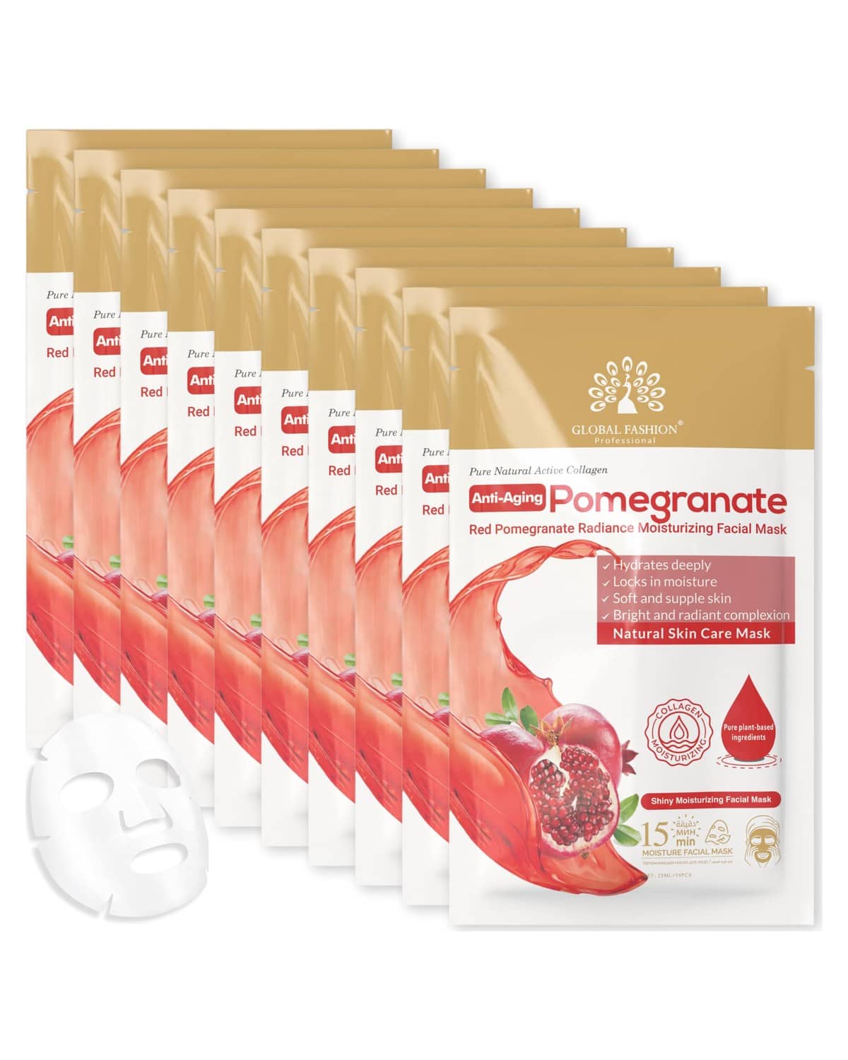 Global Fashion Facial Sheet Mask - 5 Natural Flavours, Hydrating, Anti-Aging, Brightening & Firming - 15 Minute Spa Treatment with Collagen & Hyaluronic Acid (Pack of 10, Pomegranate)