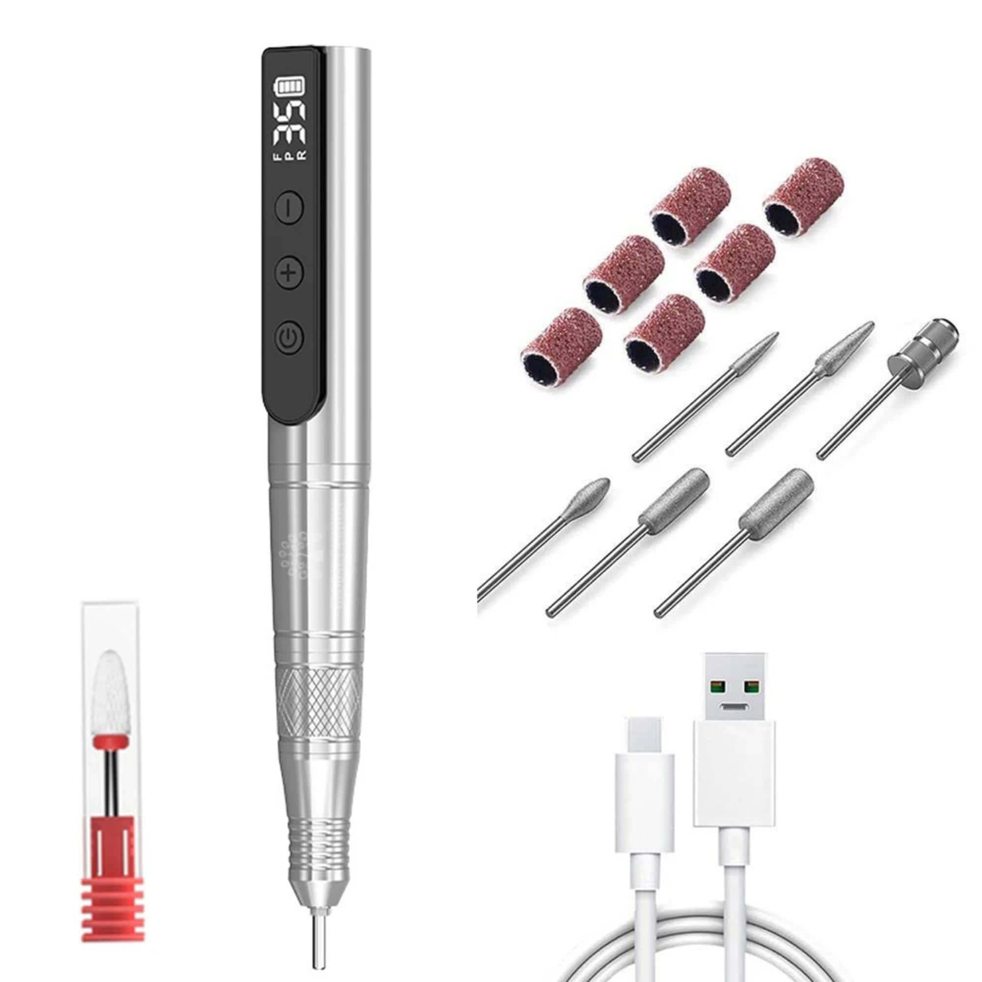 GLOBAL FASHION Professional Rechargeable 24W Electric Nail Drill, 35,000 RPM E-File Kit - Low Noise, Portable, USB Type-C, 800mAh Battery, 6 Bits & Sanding Bands (Silver)