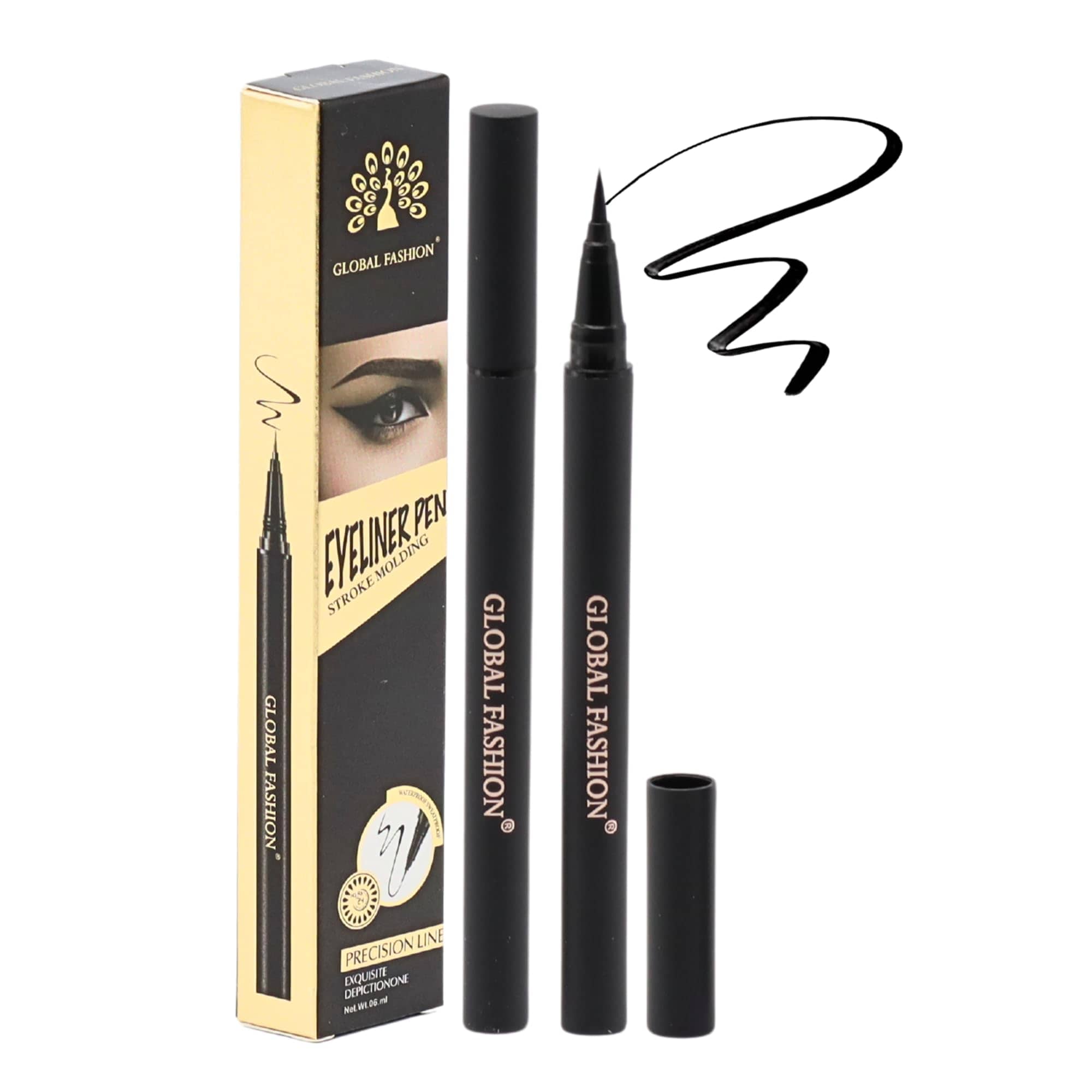 Global Fashion Pro Waterproof Stroke Molding Eyeliner Pen – Smudge-Proof, Long-Lasting Liquid Eyeliner with Ultra-Fine Precision Tip for Sharp Cat-Eyes, Jet Black Quick-Dry Matte F