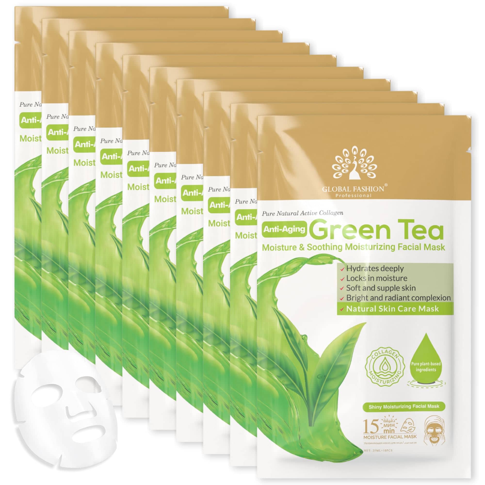 Global Fashion Facial Sheet Mask - 5 Natural Flavours, Hydrating, Anti-Aging, Brightening & Firming - 15 Minute Spa Treatment with Collagen & Hyaluronic Acid (Pack of 10, Green Tea)