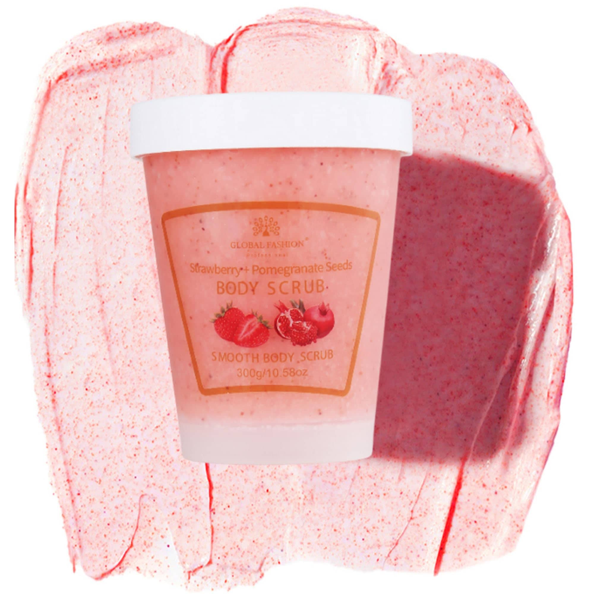 Global Fashion Smooth Body Scrub - Natural Exfoliating & Moisturizing Body Scrub with Collagen & Vitamin E – Deep-Cleansing, Nourishing & Brightening Skin (300 g, Strawberry + Pome)