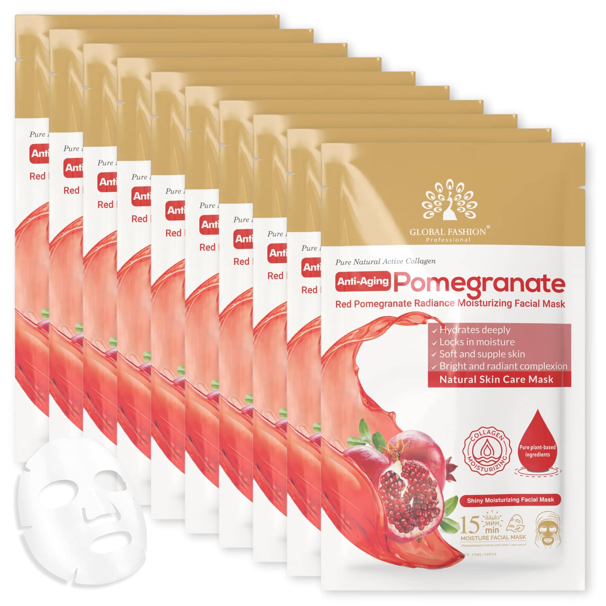 Global Fashion Facial Sheet Mask - 5 Natural Flavours, Hydrating, Anti-Aging, Brightening & Firming - 15 Minute Spa Treatment with Collagen & Hyaluronic Acid (Pack of 10, Pomegrana)
