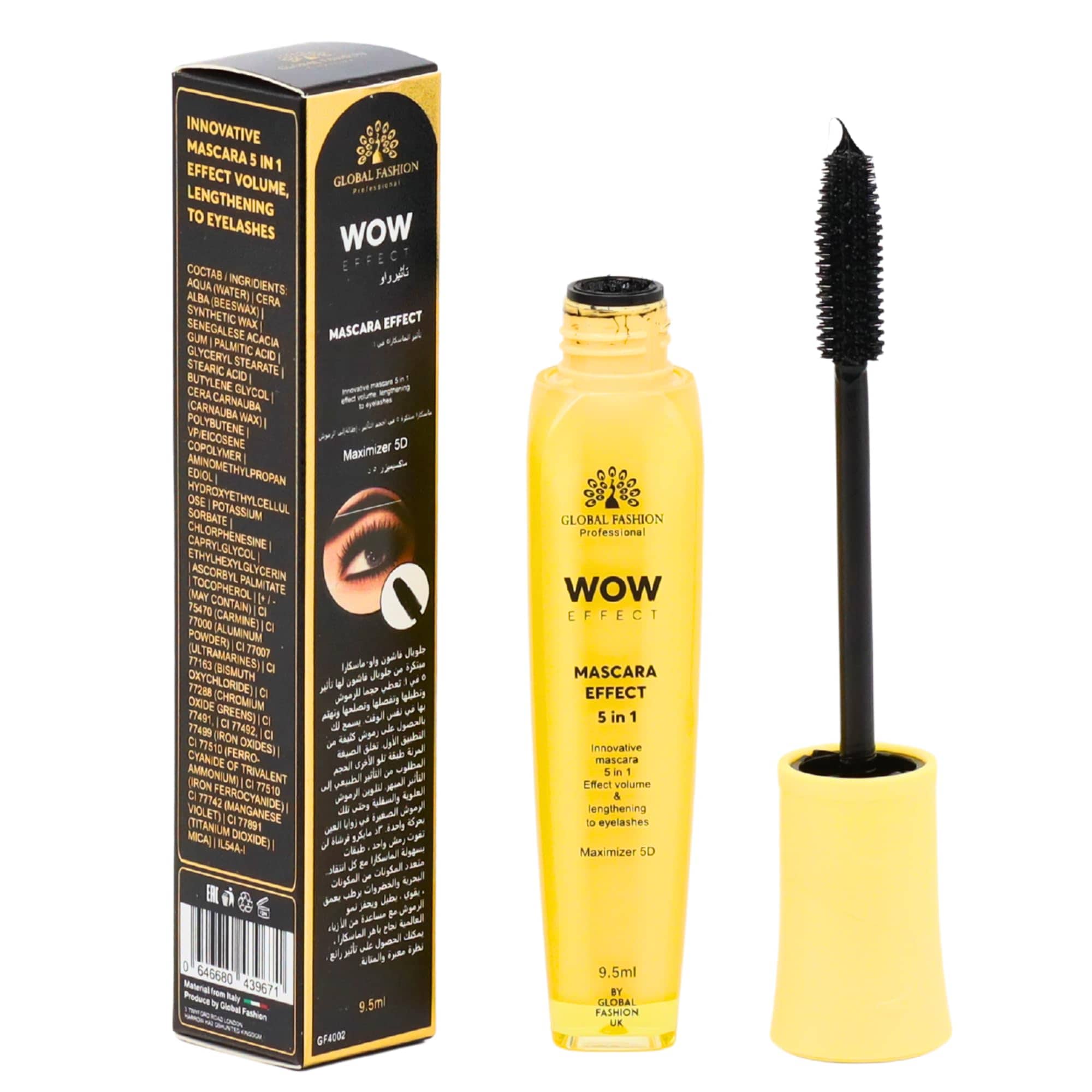 Global Fashion WOW Effect Maximizer 5D – 5-in-1 Volumizing & Lengthening Mascara, Deep Black Precision Curl & Separation, Lash-Care Formula, Smudge-Proof, Clump-Free, 9.5 ml (Masca)